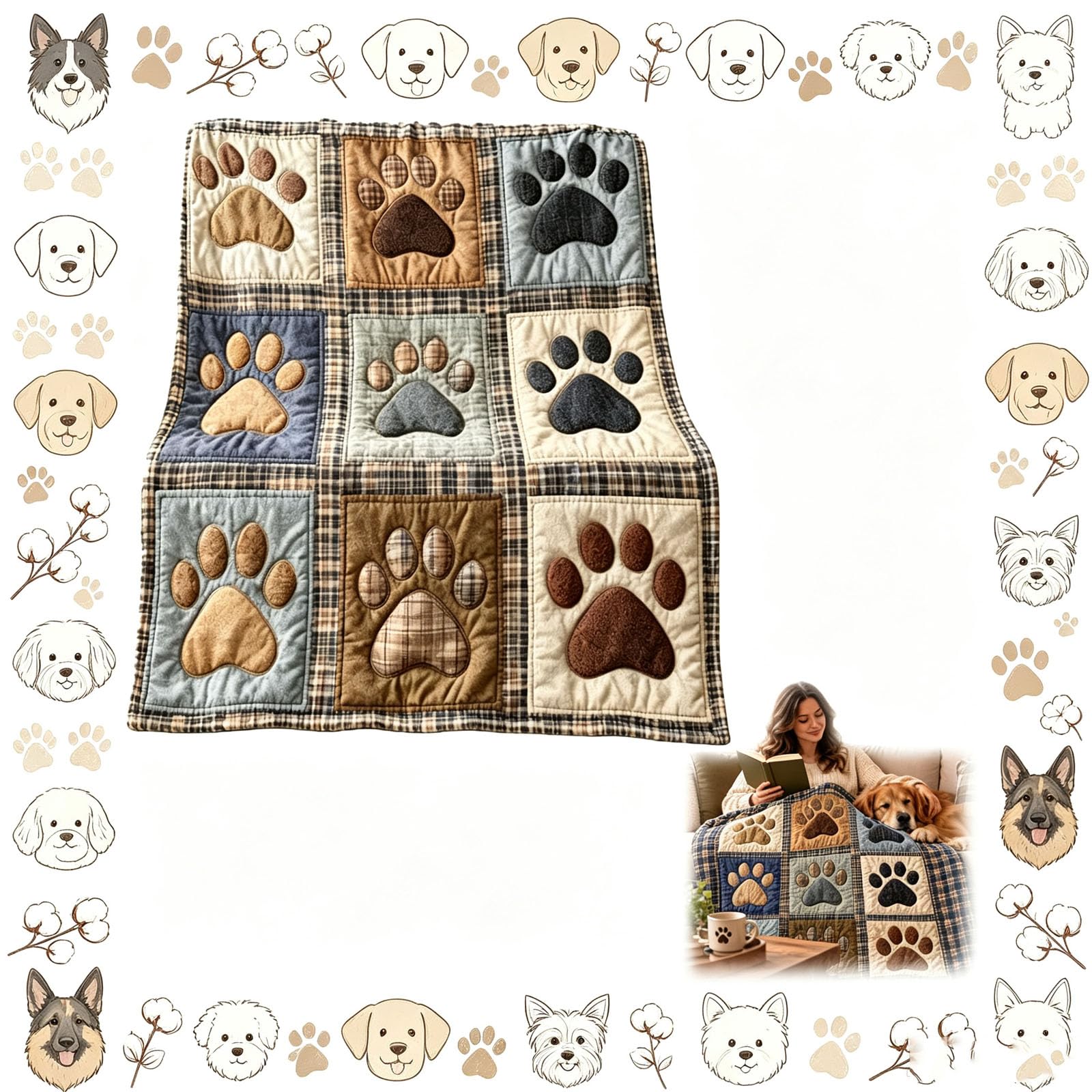 Cute Paw Print Flannel Blanket, Soft Cozy Patchwork Couch Throw (39*59in)