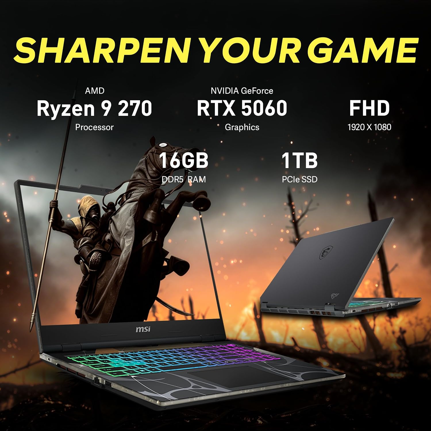 msi Cyborg A15 AI 15.6" FHD 144Hz Gaming Laptop, AMD Ryzen 9 270, GeForce RTX 5060, 16GB RAM, 2TB Storage(1TB SSD+1TB Docking Station Set), 4-Zone RGB Keyboard, Wi-Fi 6E, Win 11 Pro, Black image 3