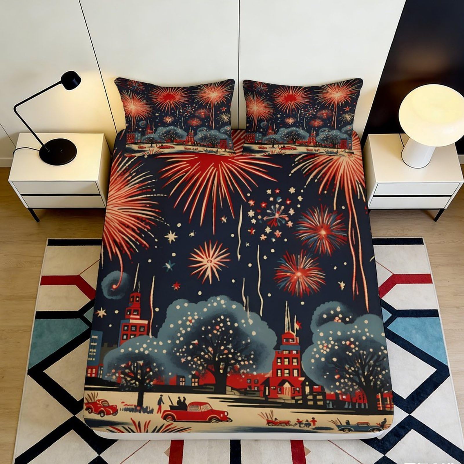 3D Printed Fireworks Night City Fitted Sheet Microfiber Soft Anti-Slip Bed Cover for Bedroom Guestroom Decor 120x200cm 160x200x25cm