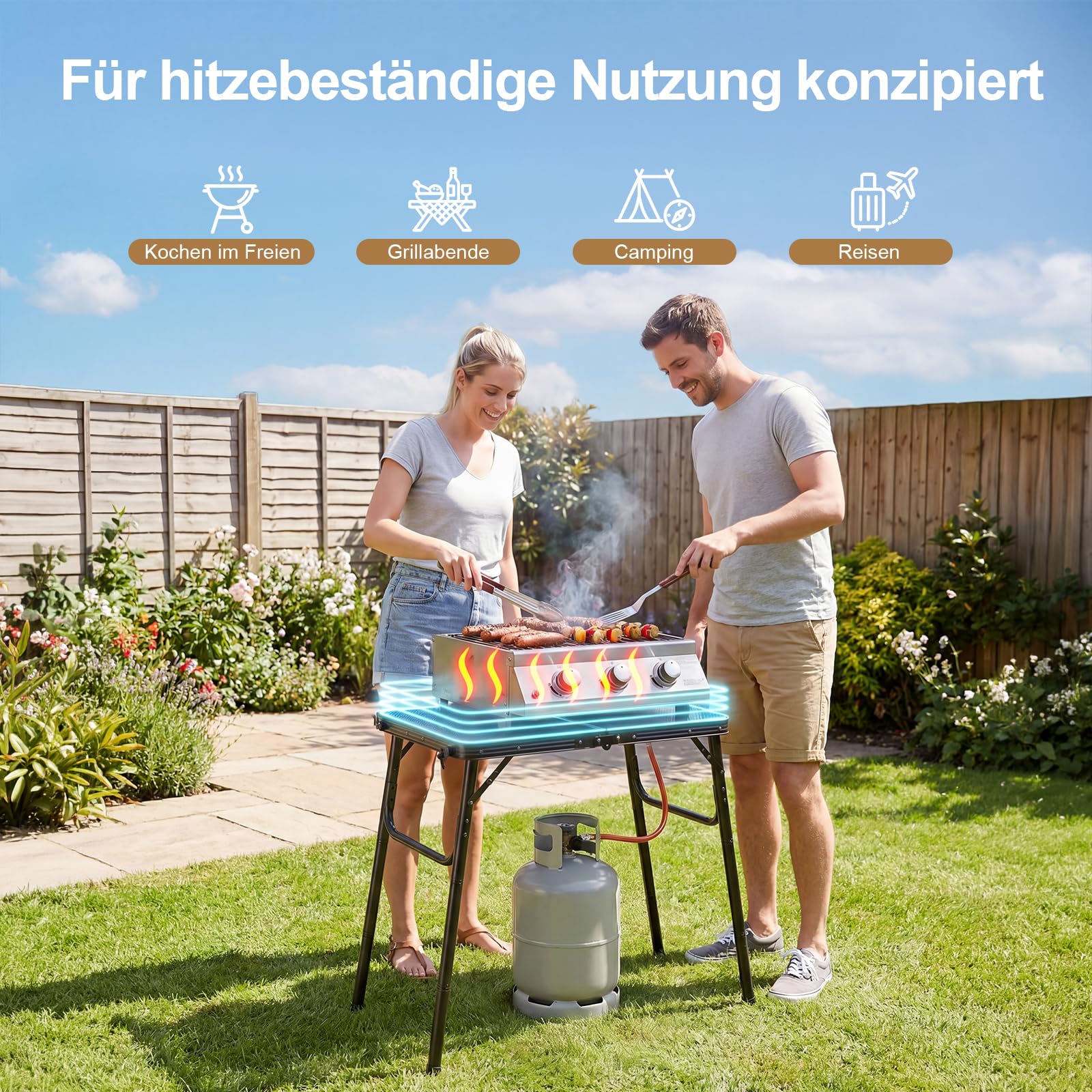 Campingtisch klappbar 60 x 40 cm, Grilltisch klappbar höhenverstellbar 26/47/65 cm, leichter Metalltisch 2,4 kg mit Gitterplatte, Camping Tisch bis 30 kg für BBQ, Picknick, Garten, Balkon