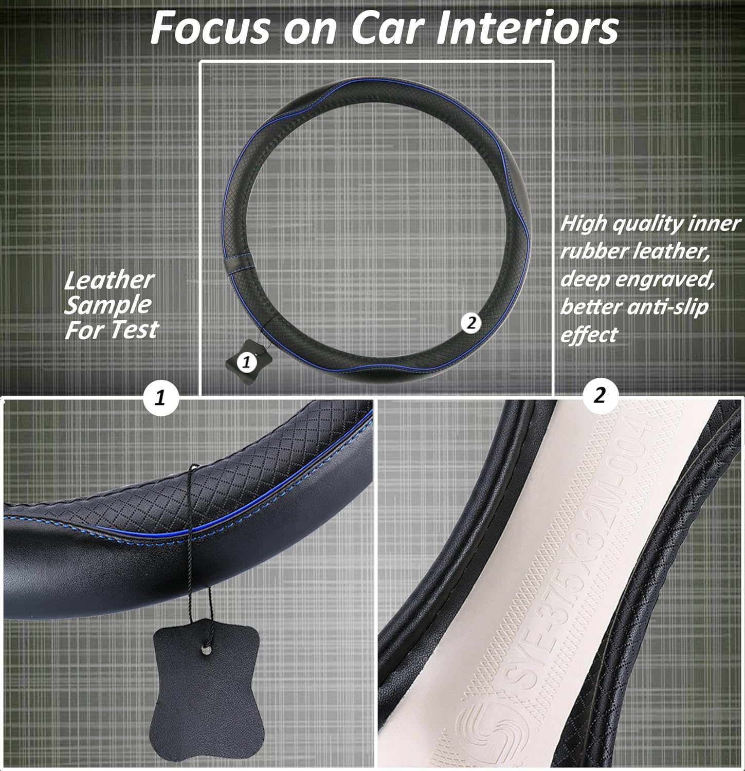 Flaconi Funda Volante Coche,Funda Volante,Universal Antideslizante Protección del Volantes,Accesorios para el Interior del Coches,Adecuado para Volantes con un Diámetro Exterior(Negro&Azul)