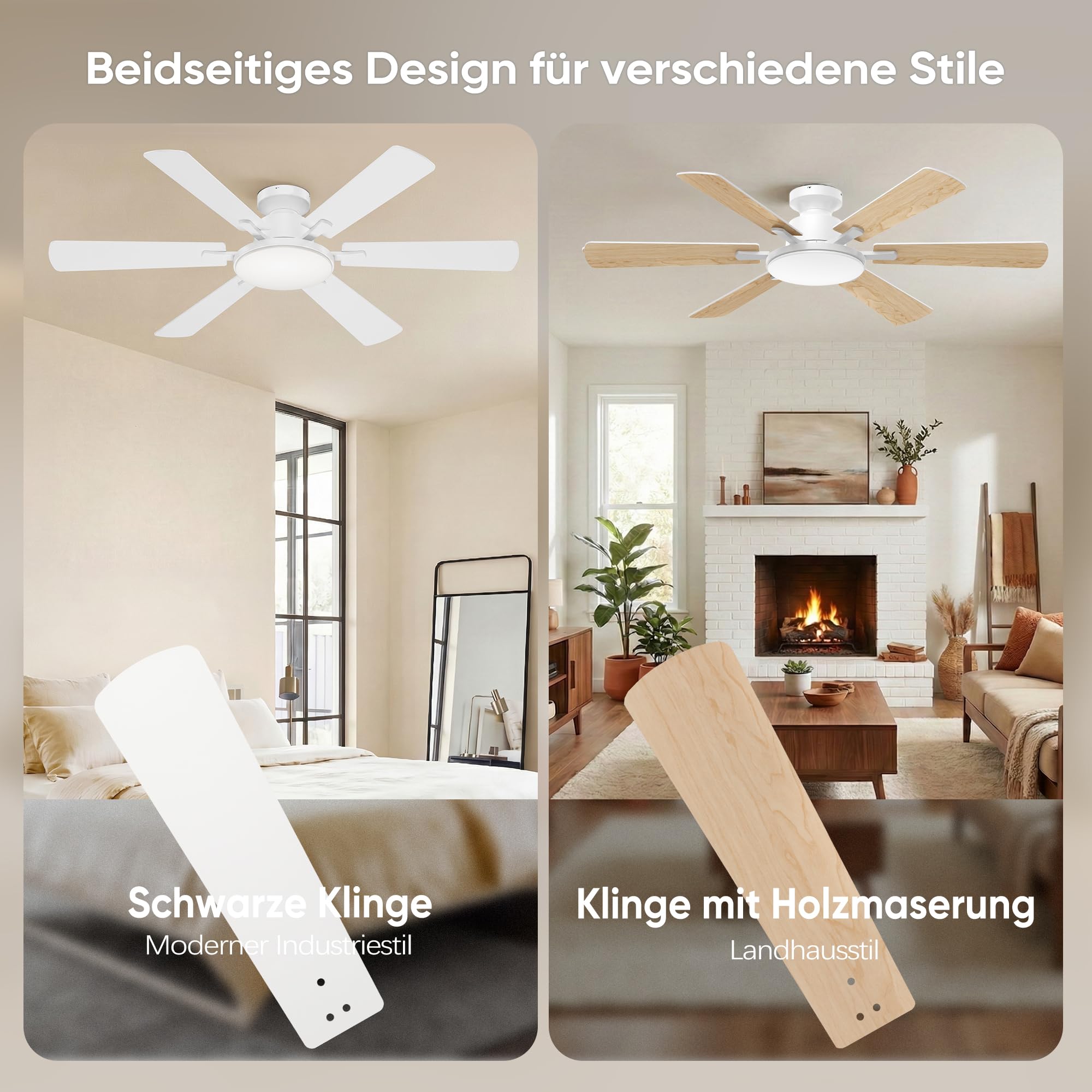 Deckenventilator mit Beleuchtung 132cm 6 Blätter Deckenventilator mit Fernbedienung 6 Gänge Ultraleiser Reversibler Gleichstrommotor 3CCT Dimmbare LED Doppelseitige Flügeln für Schlafzimmer (Weiß)