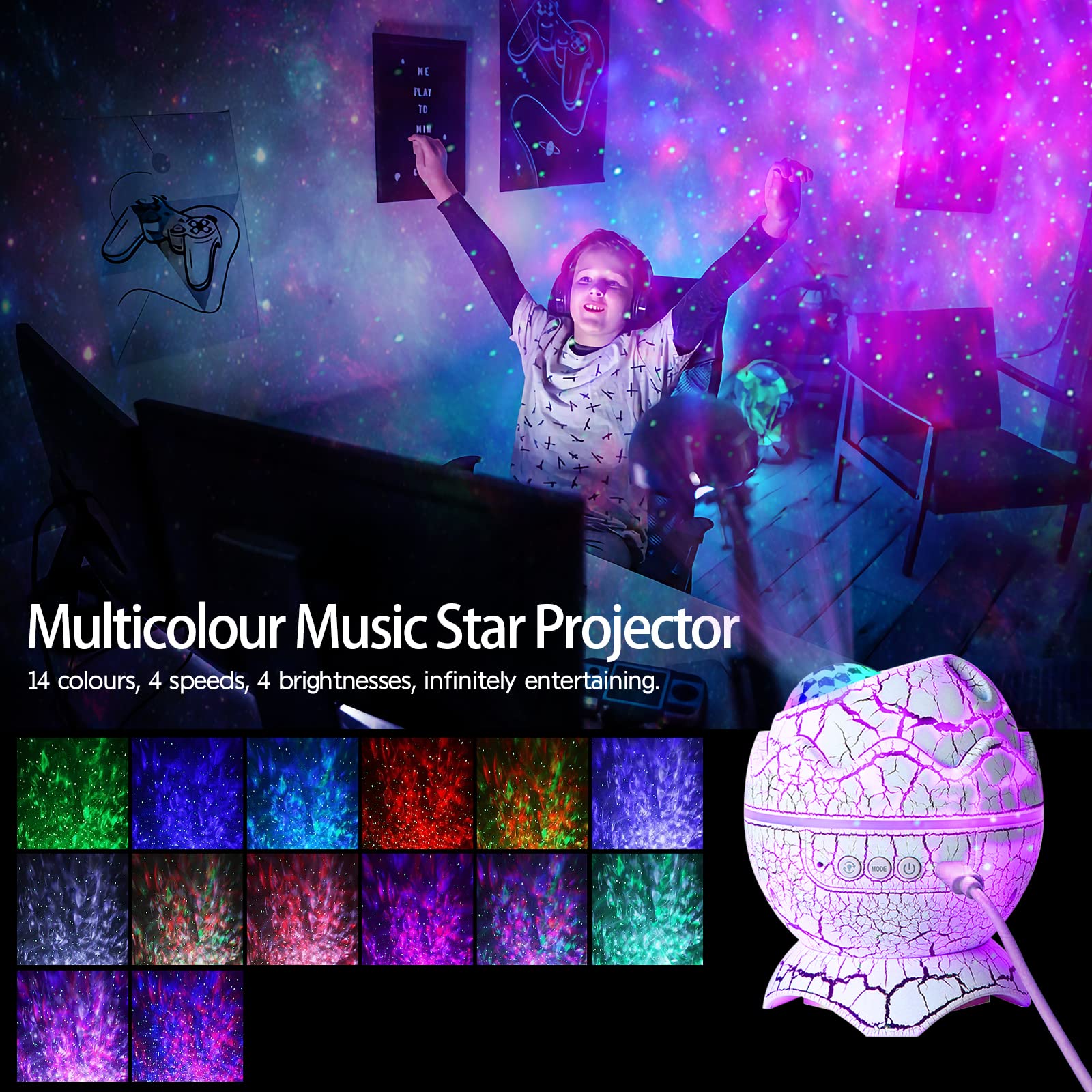 Dinosaur Egg Galaxy Starry Sky Proiettore con Lettore Musicale Wireless, Star Proiettore Luce Notturna con Rumore Bianco, Nebbia, Timer Telecomando, Regalo per Bambini/Adulti Camera da letto