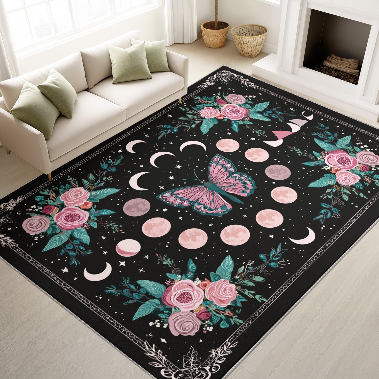 Tapis de salon boho papillon noir 180x270 cm lavable et antidérapant pour chambre
