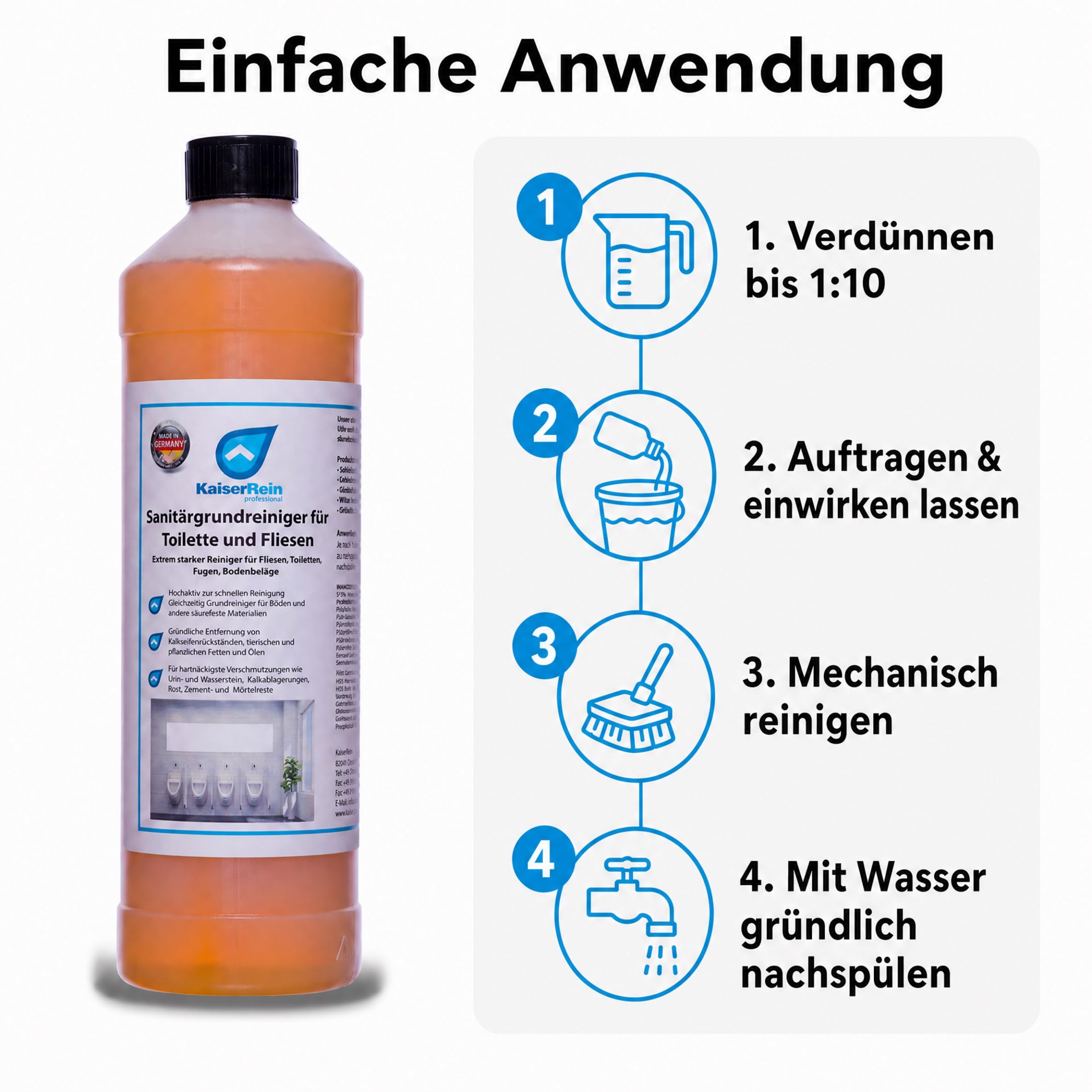 KaiserRein Urinsteinentferner Extra Stark, Sanitärgrundreiniger für Toilette und Fliesen, Toilettenreiniger extrem stark Profi-Sanitärreiniger gegen Kalk & Rost, 3 x 1 L, Made in Germany