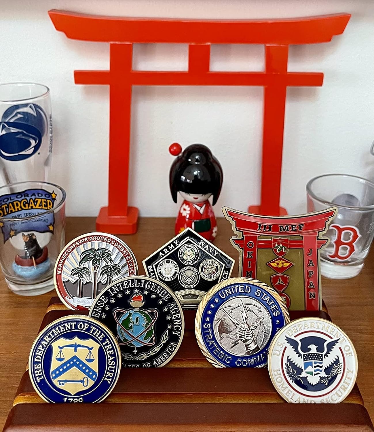 DisplayGifts Challenge Coin Display Stand Wooden Holder Rack Case Holds 12 Military Coins (Walnut Finish)