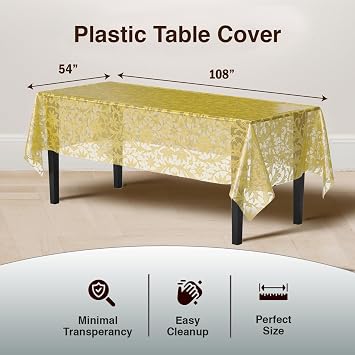 Exquisite Lace Table Cloth Rectangle Table Plastic 12-Pack Lace Tablecloth Rectangular 54 X 108 | Clear & Gold Floral Tablecloth Disposable | Wild Flower Party Decorations & Party Supplies