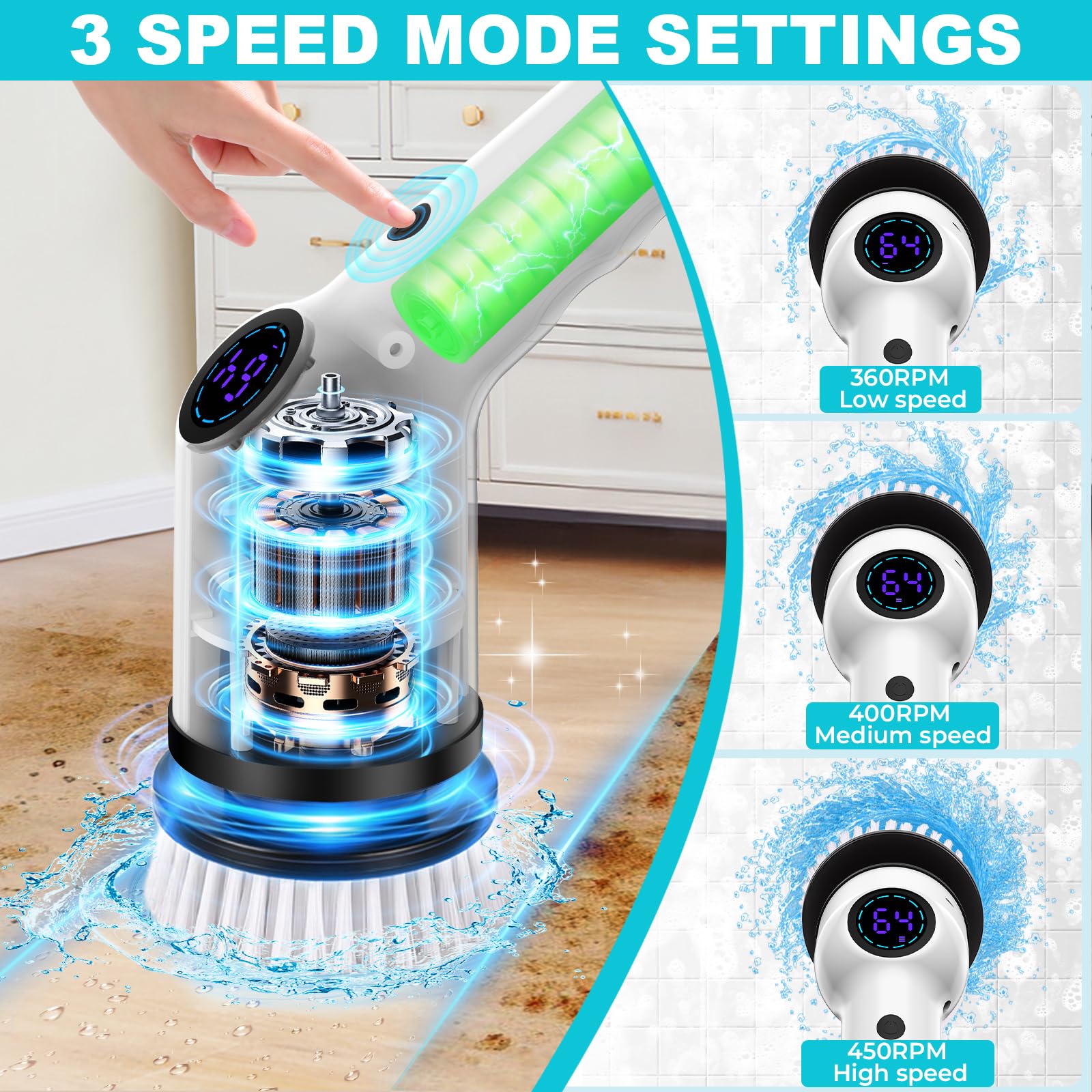 SHINER Brosse Nettoyage Electrique Rotative, Brosse Electrique Nettoyage avec 3 Vitesses, 8 Têtes, Batterie 3000mAh, Manche Extensible, étanche IPX7, Brosse Nettoyage Salle de Bain et Cuisine