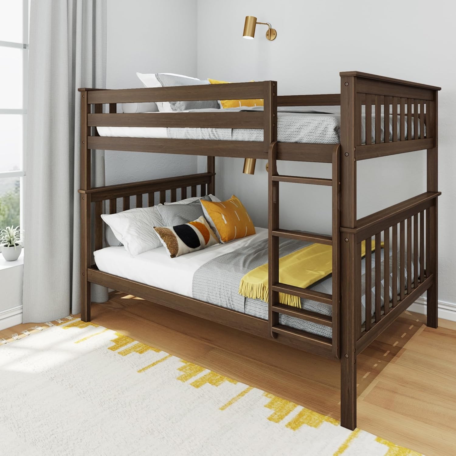 Max & Lily Full Over Full Bunk Bed with Ladder, Solid Wood Platform Bed Frame for Kids, 14" Safety Guardrails, Easy Assembly, No Box Spring Needed, Walnut