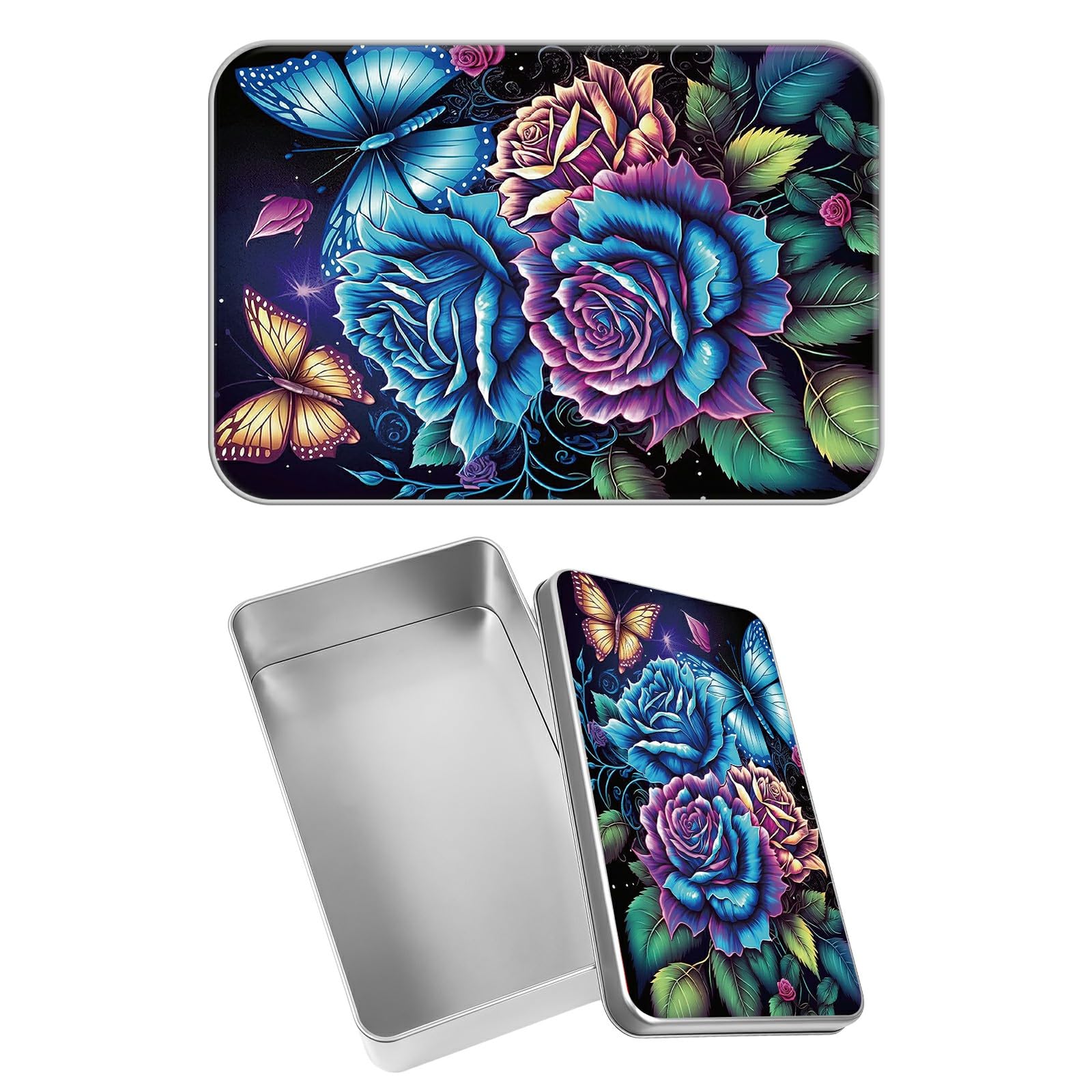 Rectangular Metal Tin Box with Removable Lid, Sugar Blue Rose Decorative Printed Metal Storage Container for Jewelry Pen Eraser Pill Candy Craft 4.9 x 3.54 x 1.57 inch– Single Pack