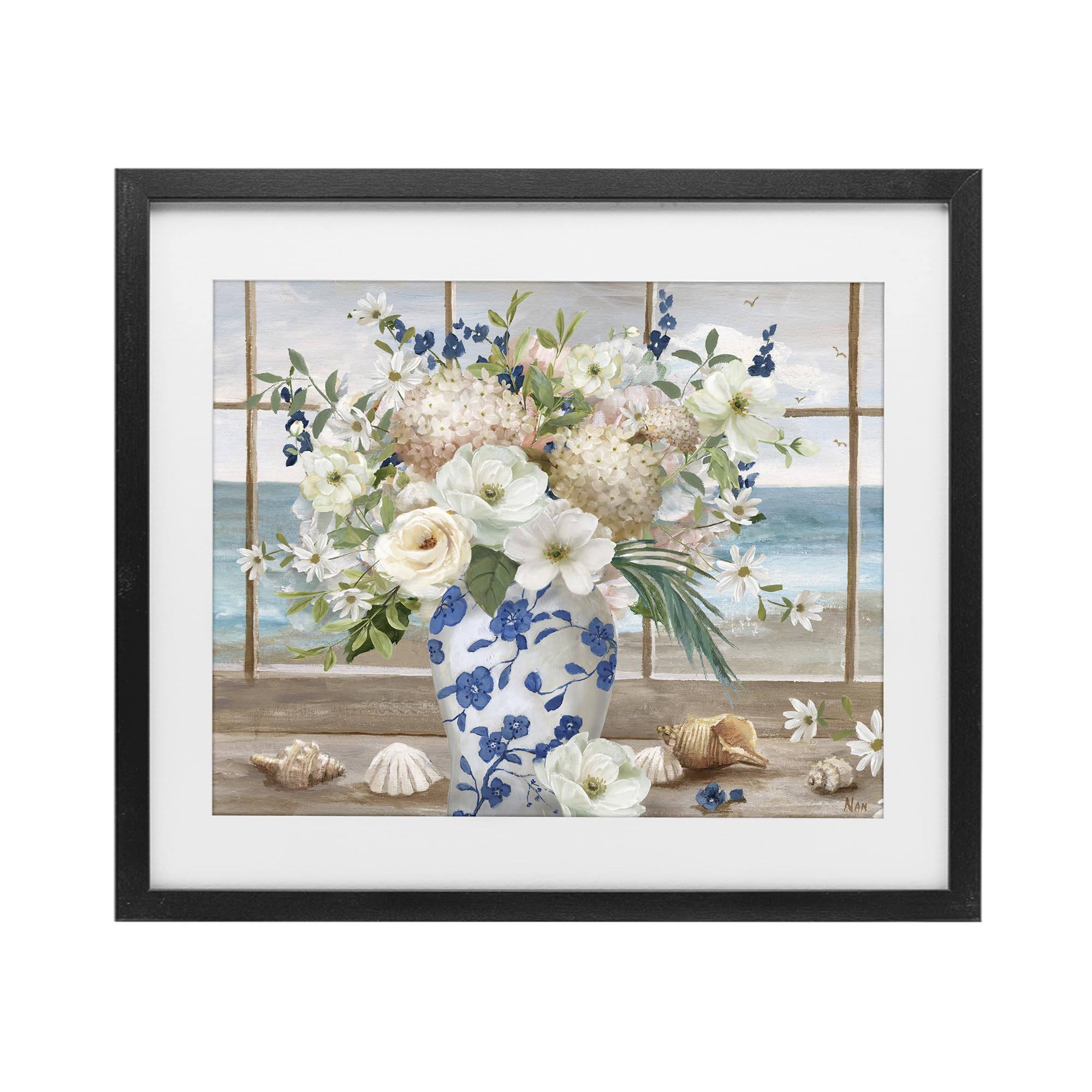 Stupell Industries Midnight Black (Textured) 'Seashells & Flowers Windowsill', Framed Print Under Glass, Black, 21 X 17 Inches, Easy To Hang And Sturdy, Made In Usa, By Nan