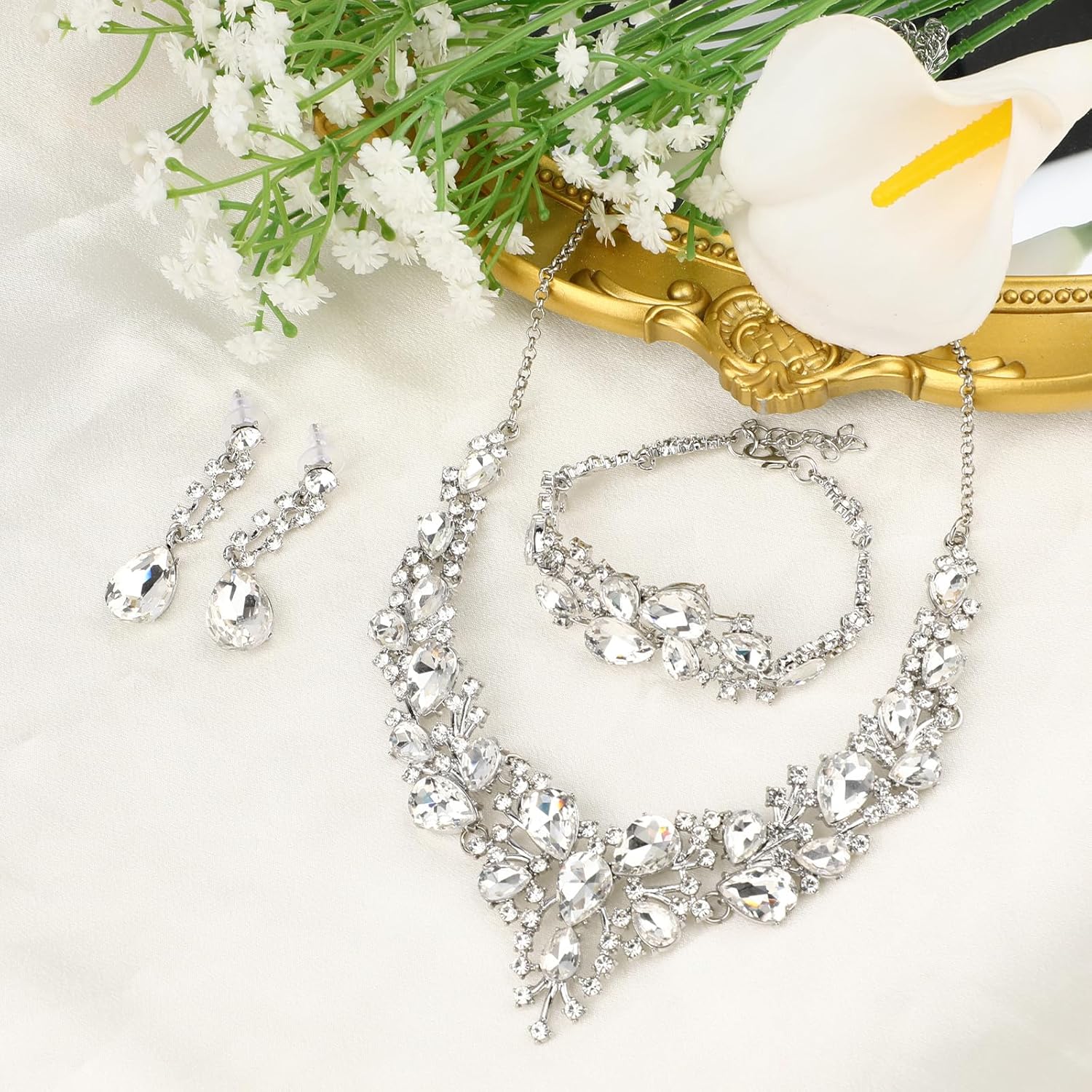 Rhinestone Wedding Jewelry Set for Women, Bridal Bridesmaid Jewelry Set Crystal Necklace Earrings Bracelet for Party - Image 3