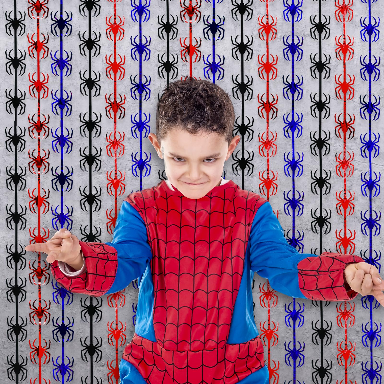 Bupelo Decoraciones de cumpleaños de telaraña, Paquete de 2 Unidades, Suministros de Fiesta de cumpleaños de araña roja, Negra y Azul, 1 x 2 m, Cortinas de Flecos de Papel de Aluminio de oropel para