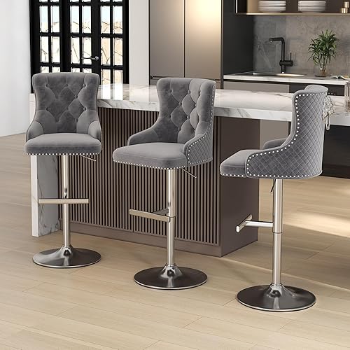 Miniatura 74 de ABET Juego de 2 taburetes de bar, taburetes de altura de mostrador con reposapiés, silla giratoria ajustable de terciopelo para isla de cocina con