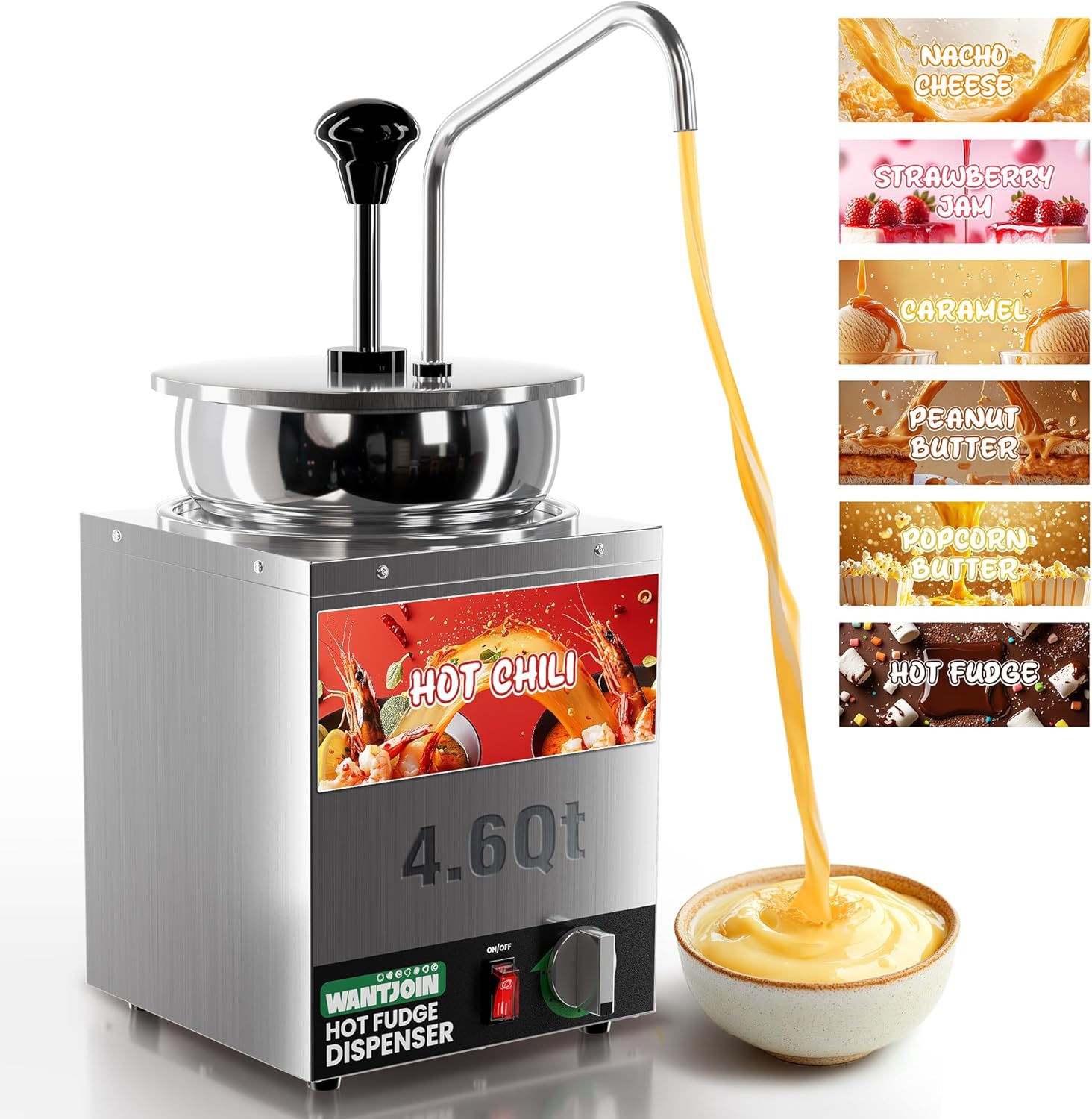 WantJoin Nacho Cheese Dispenser with Pump - 4.6QT Commercial Stainless Steel Warmer with 86-185°F Temperature Control for Hot Fudge, Caramel & Sauces