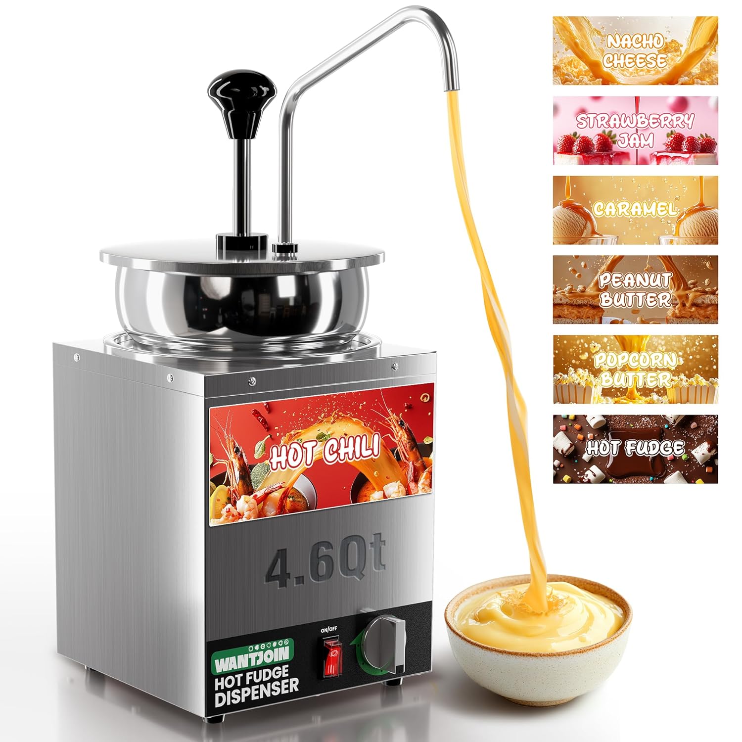 WantJoin Nacho Cheese Dispenser with Pump - 4.6QT Cheese Warmer w/Stainless Steel Pump Hot Fudge Warmer 86-185°F Temperature Control, Commercial Nacho Cheese Warmer Dispenser for Hot Fudge Caramel