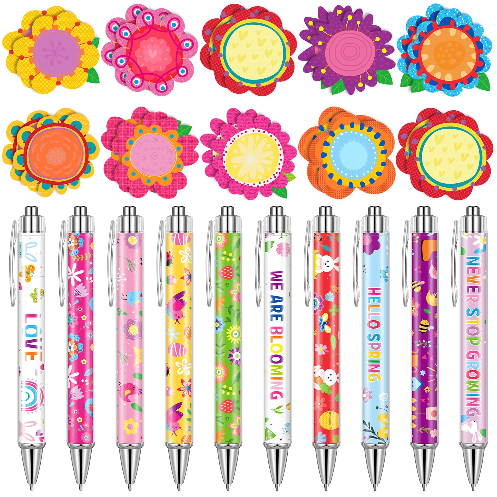 Geyee 40 Pcs Flower Theme Sticky Notes and Pens Set, Floral Memo Pads Colorful Flower Ballpoint Pens Floral Party Gift Supplies for Spring Theme Home