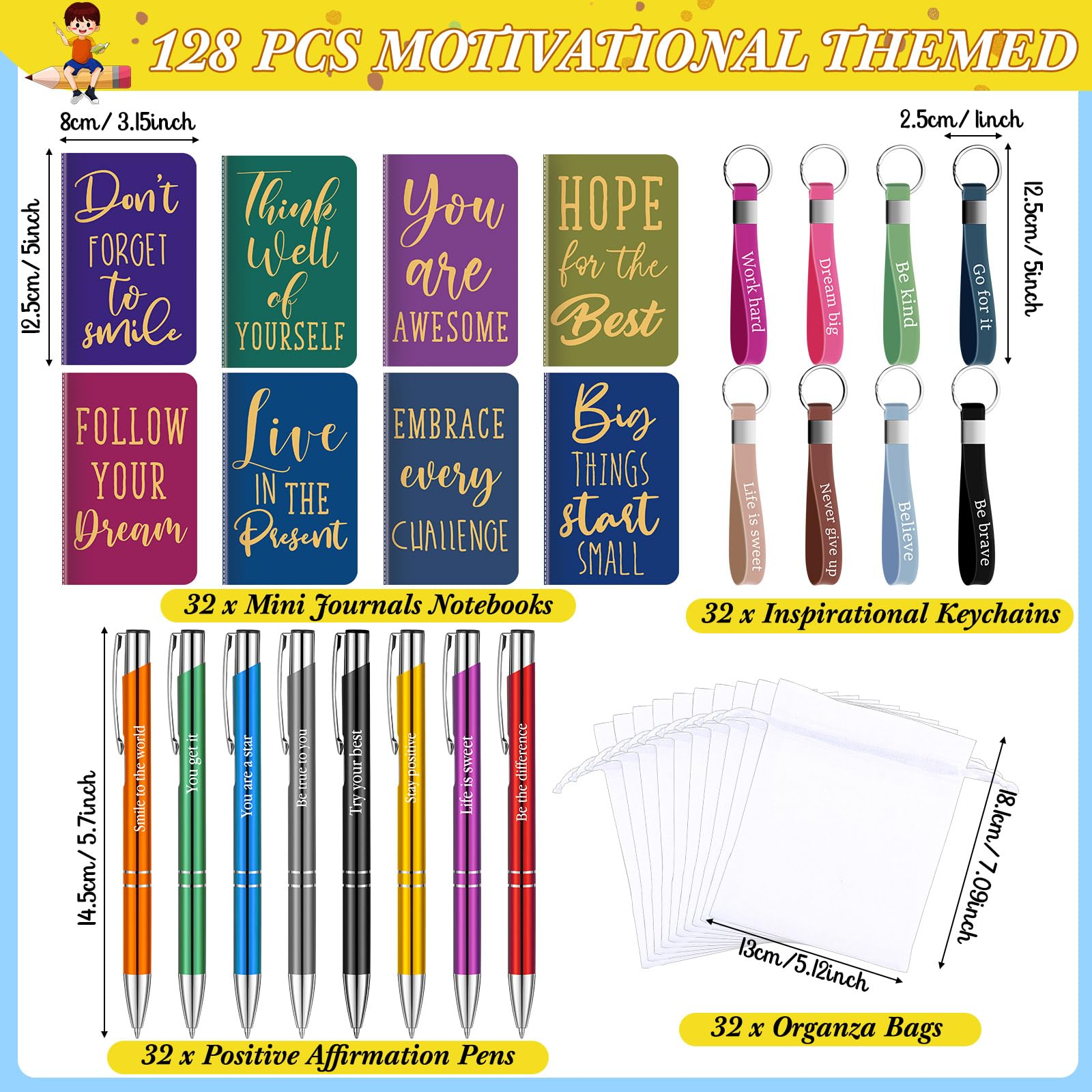 Pajean 128 cuadernos motivacionales a granel, regalos inspiradores, bolígrafos, llaveros de afirmación positiva, bolsas de organza para estudiantes, profesores, empleados, escuela, oficina, premios