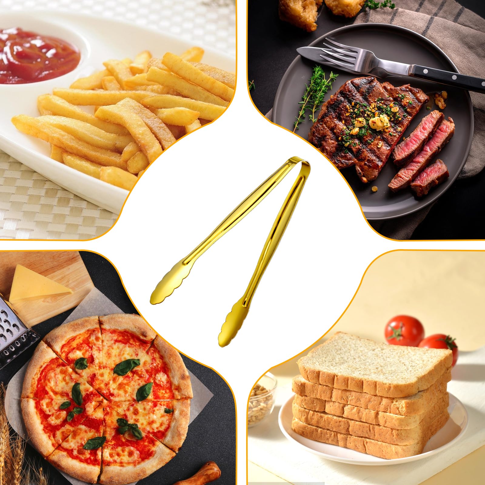 Paquete de 4 pinzas doradas para servir alimentos, pinzas pequeñas de acero inoxidable para bufé, suministros de bufé, pinzas para fiestas, postres, hielo, azúcar, bistec, ensalada, aperitivos, pan (6