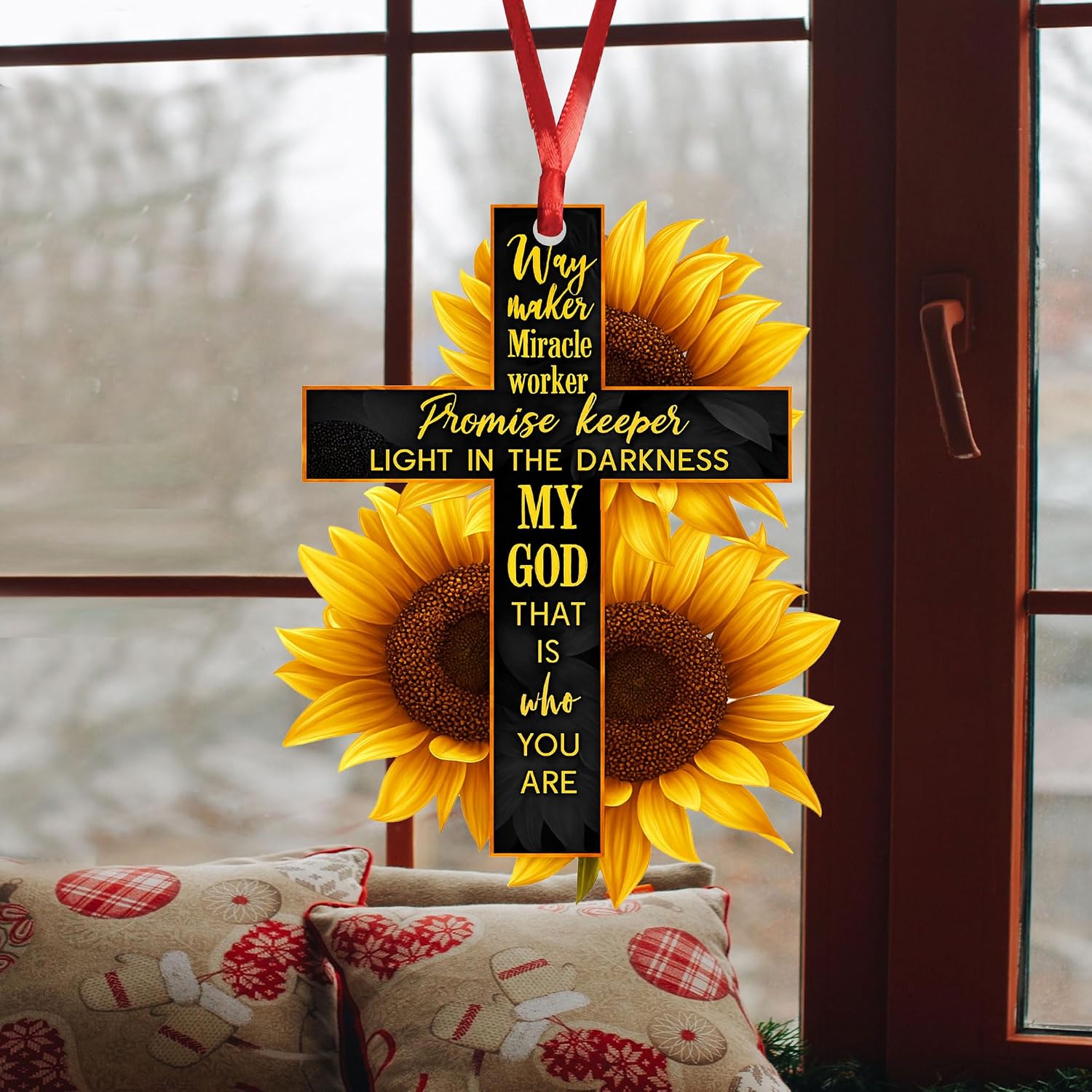 Talataca Sunflower Jesus God Way Maker Christian Bible Verse 2D Flat Car Rear View Mirror Accessories Christmas Tree Ornament Decoration Hanging Charm Interior Rearview Pendant Decor Gift image 4