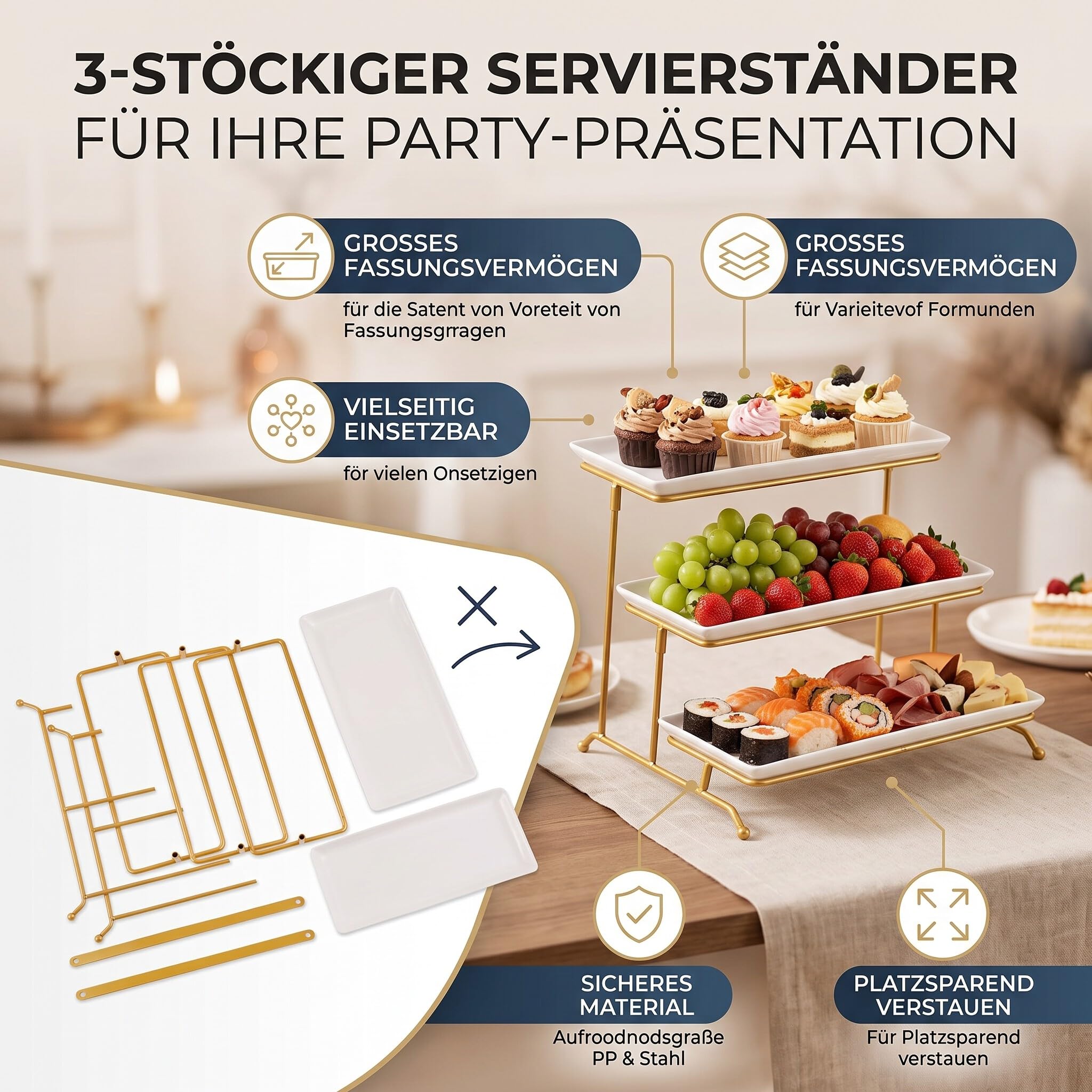 Plateau de Service à 3 Niveaux, Grands Plateaux de Service Détachables et Peu Encombrants, Support Polyvalent, avec Base en Acier au Carbone pour Présentation de Cupcakes