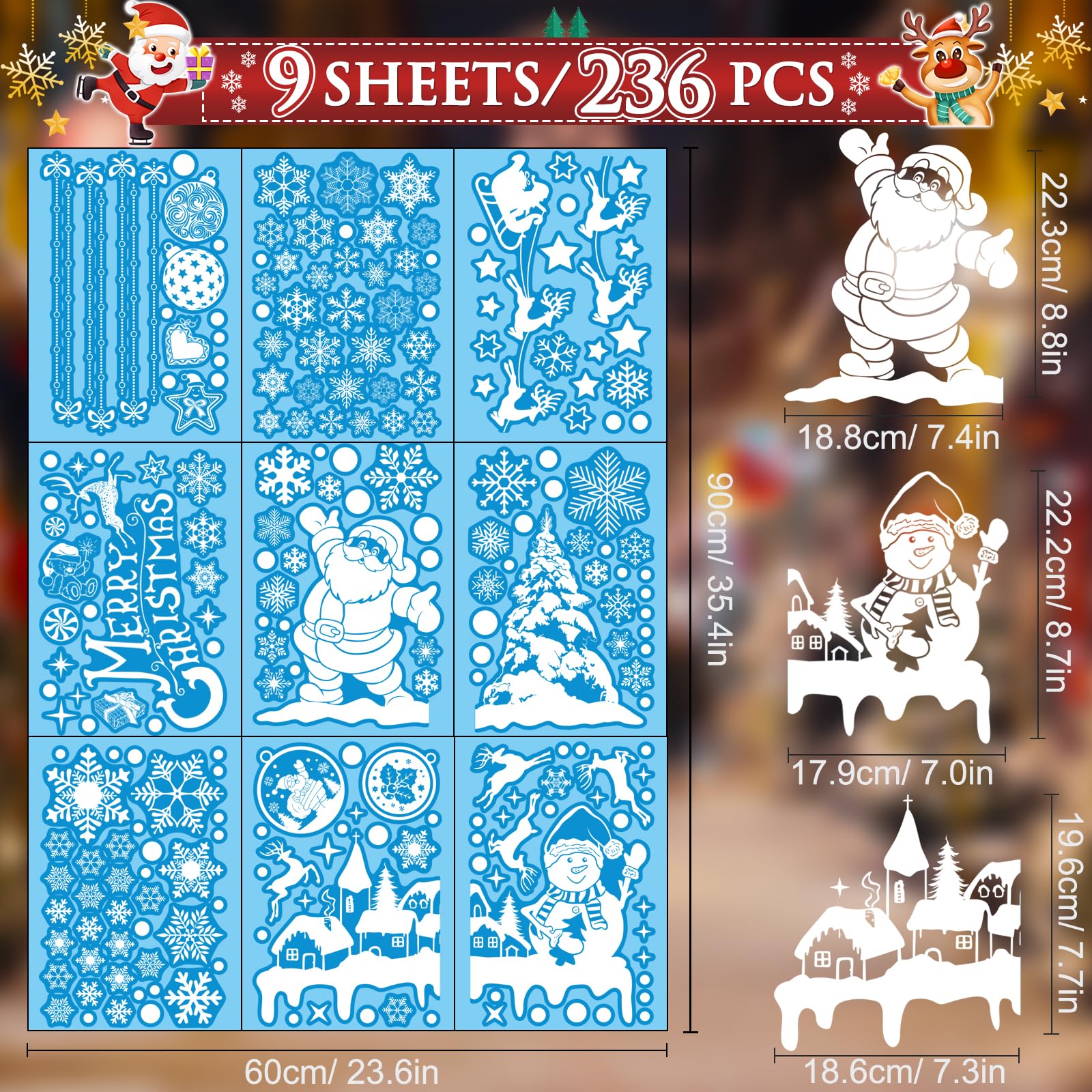 236PCS Double-Sided Snowflakes Christmas Window Stickers, Snowman Xmas Decorations Stickers for Glass Window, Reusable Christmas Decorations