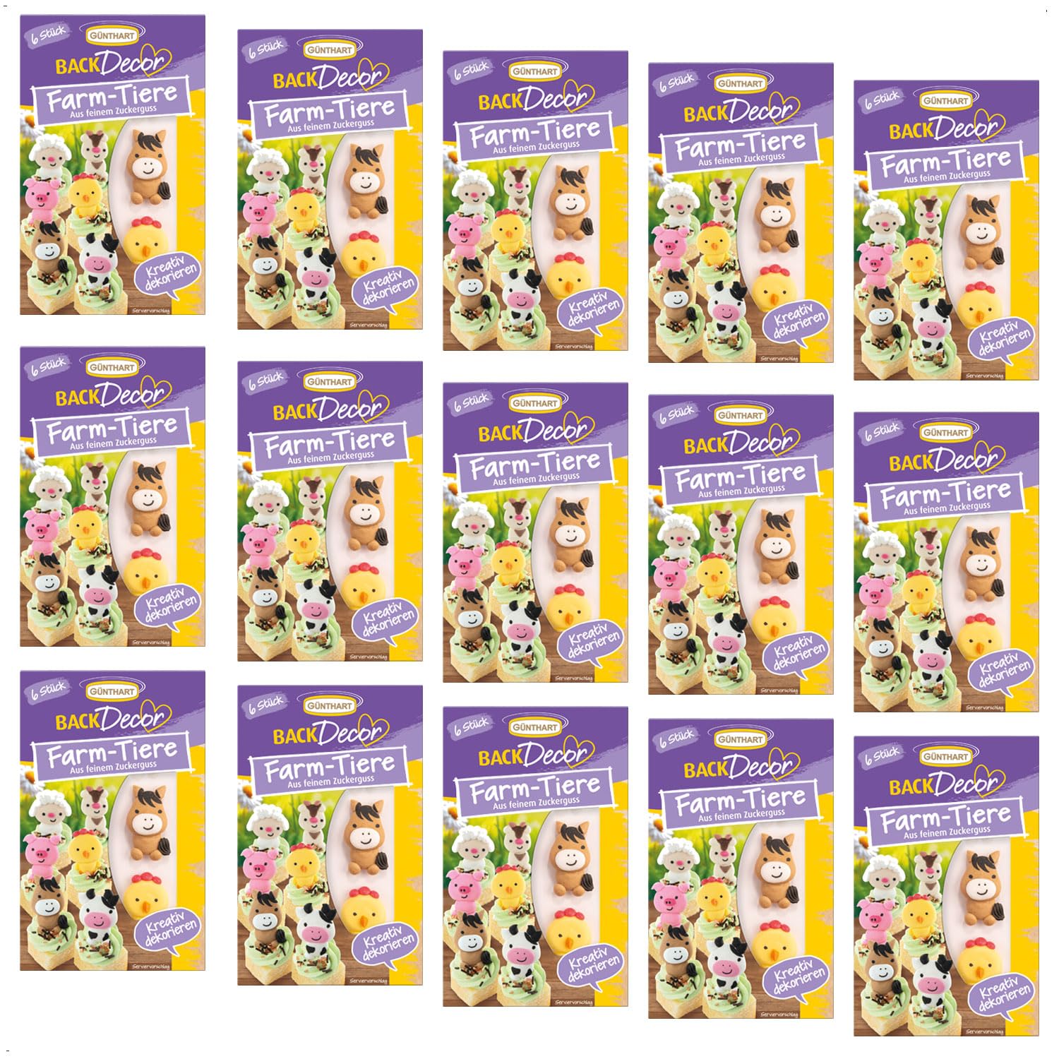 Günthart BackDecor 1 VKE 15 x 6 Stück essbare Farm Zuckerdekore als Schaf, Kuh, Schwein, Ziege, Pferd und Huhn aus feinem Zuckerguss, 1er Set 90 Stück (270 gr)