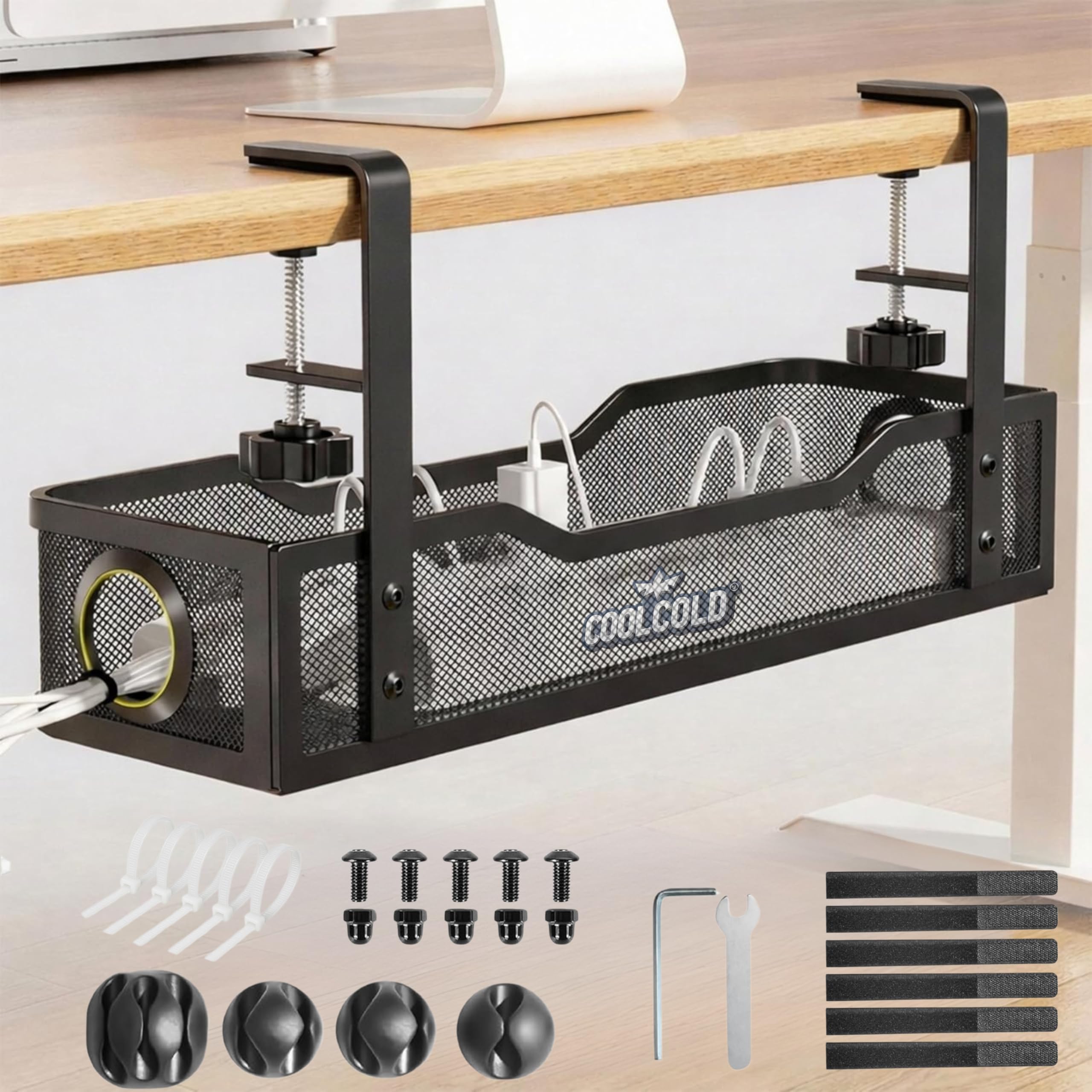 COOLCOLD Desk Organiser | Under Desk Cable Management Tray | No Drill Clamp Mount Wire Organizer Rack for Power Strip, Extension Board & Network Cables Metal Mesh Table Cord Holder with Ties & Clips-image-28
