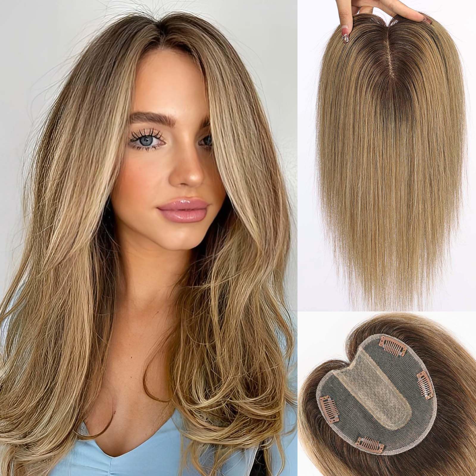 starluck 5x5 inch Lage Silk Base 14 Inch Real Human Hair Toppers for Women,60 Gram High volume, 100% Real Human Hair Toppers for Women with thinning