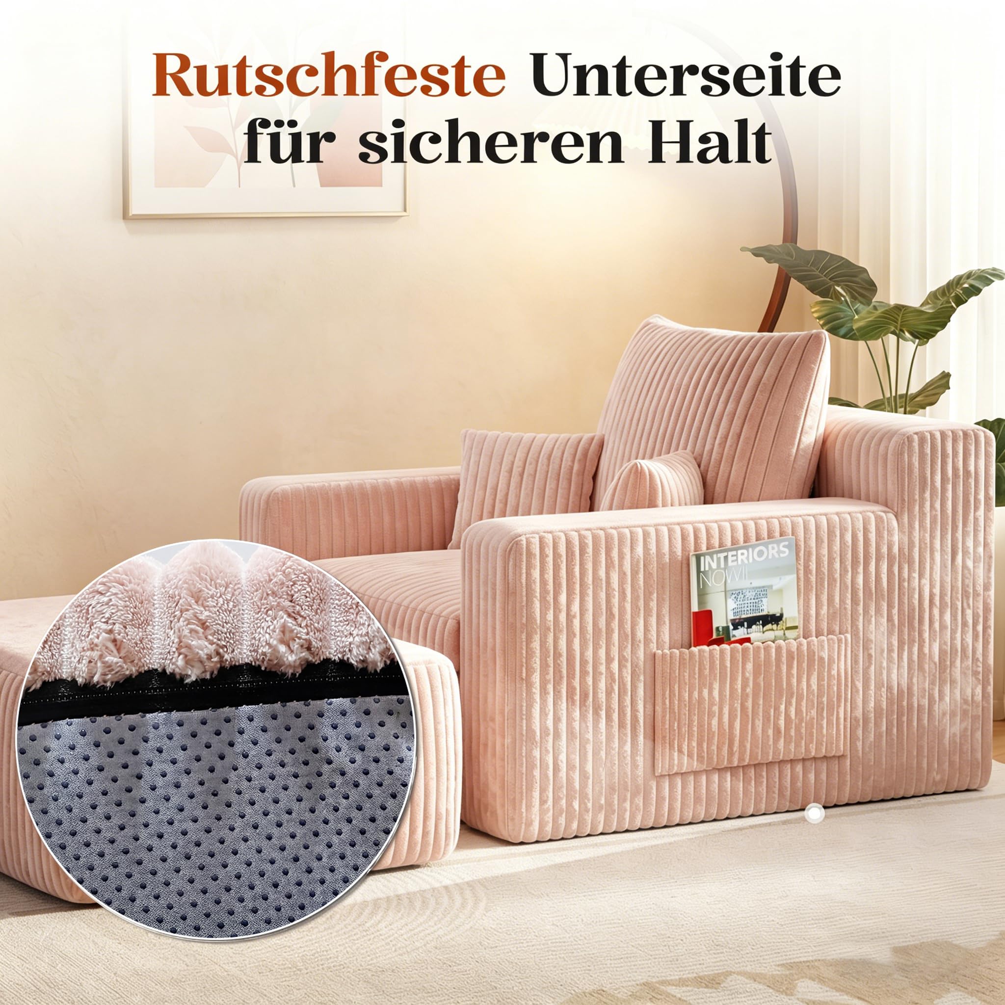 HAUSPROFI 2-in-1-Schlafsofa aus Cord mit Hocker für Gäste – Bodensofa mit 3 Kissen, Einzelsofa und Schlafsessel mit Seitentasche für Wohn- und Schlafzimmer