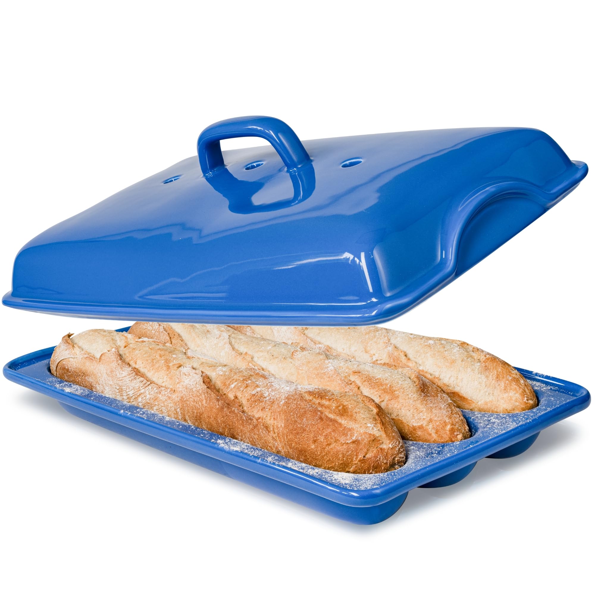 demi baguette pan with lid for french bread – 3 slot blue bread baker tray – ceramic baguette mold for sub rolls, hoagie, italian loaf – easy-lift handle & vented crisp crust baking