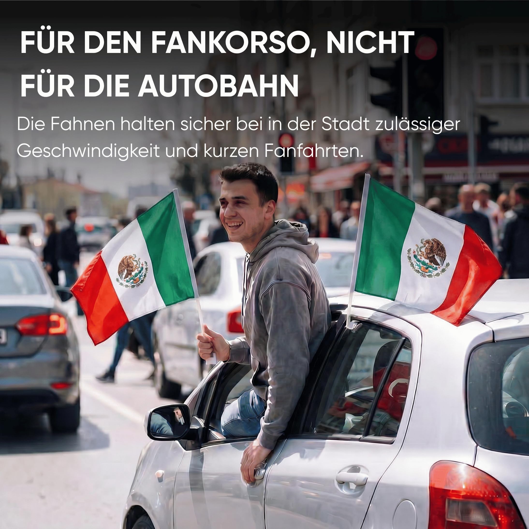 Auto Fahnen Mexiko Komplett Set - Motorhaubenfahne, 2 Autofahnen Fenster & 2 Außenspiegelfahnen, Fußball Fanartikel FZG für EM & WM, Mexikanische Flagge Fahrzeug Deko