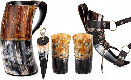 Viking Drinking Horn Mug Set | 7-Piece Collection with 16oz Dire Wolf Engraved Mead & Beer Mug, Shot Cups, Bottle Opener, Leather Strap, Belt Holster & Drinking Horns | Norse Gift for Men