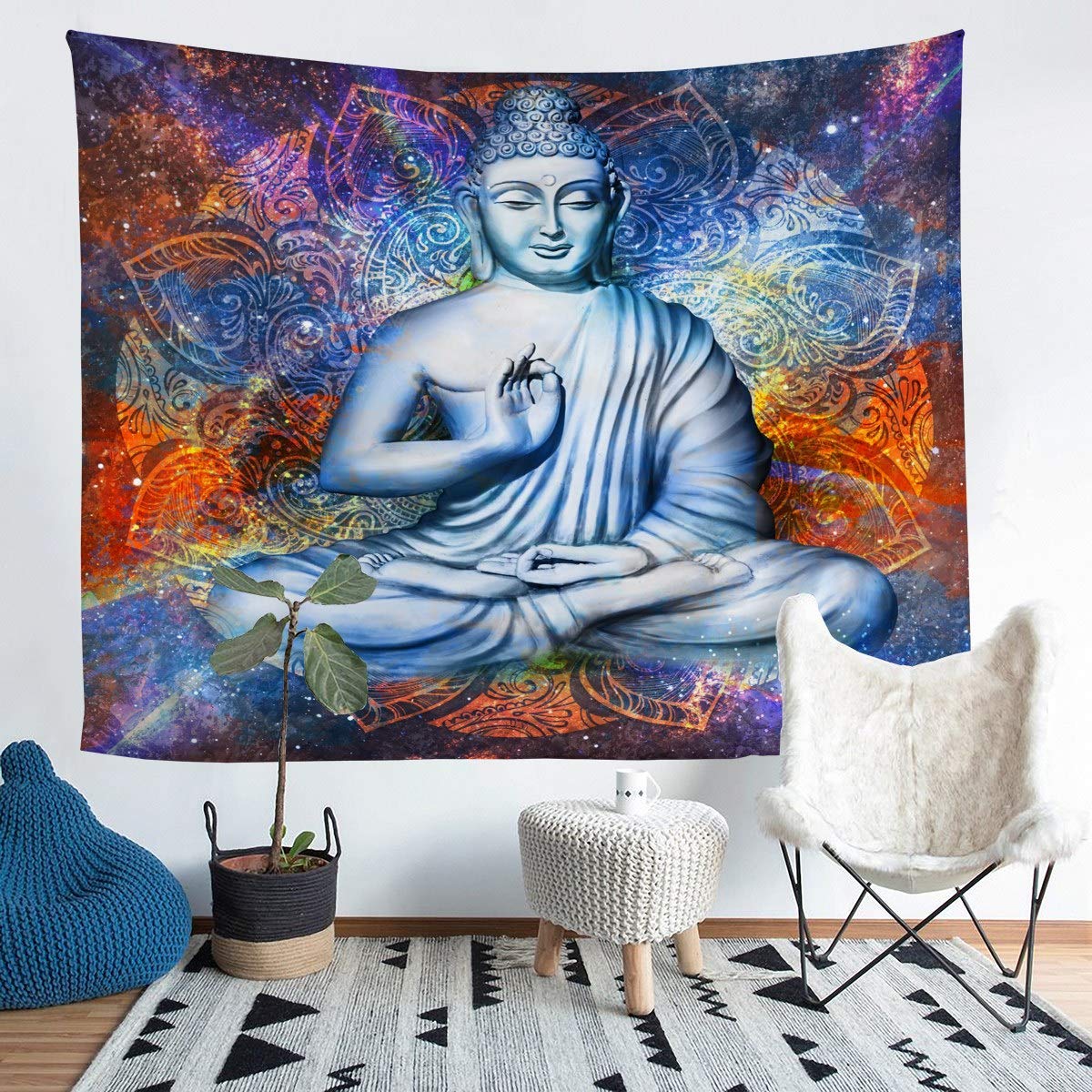 Arazzo Con Buddha Meditante E Mandala Colorato | 101x76 Cm | Poliestere Con Stampa HD | Per Camera Da Letto, Soggiorno O Spazio Zen