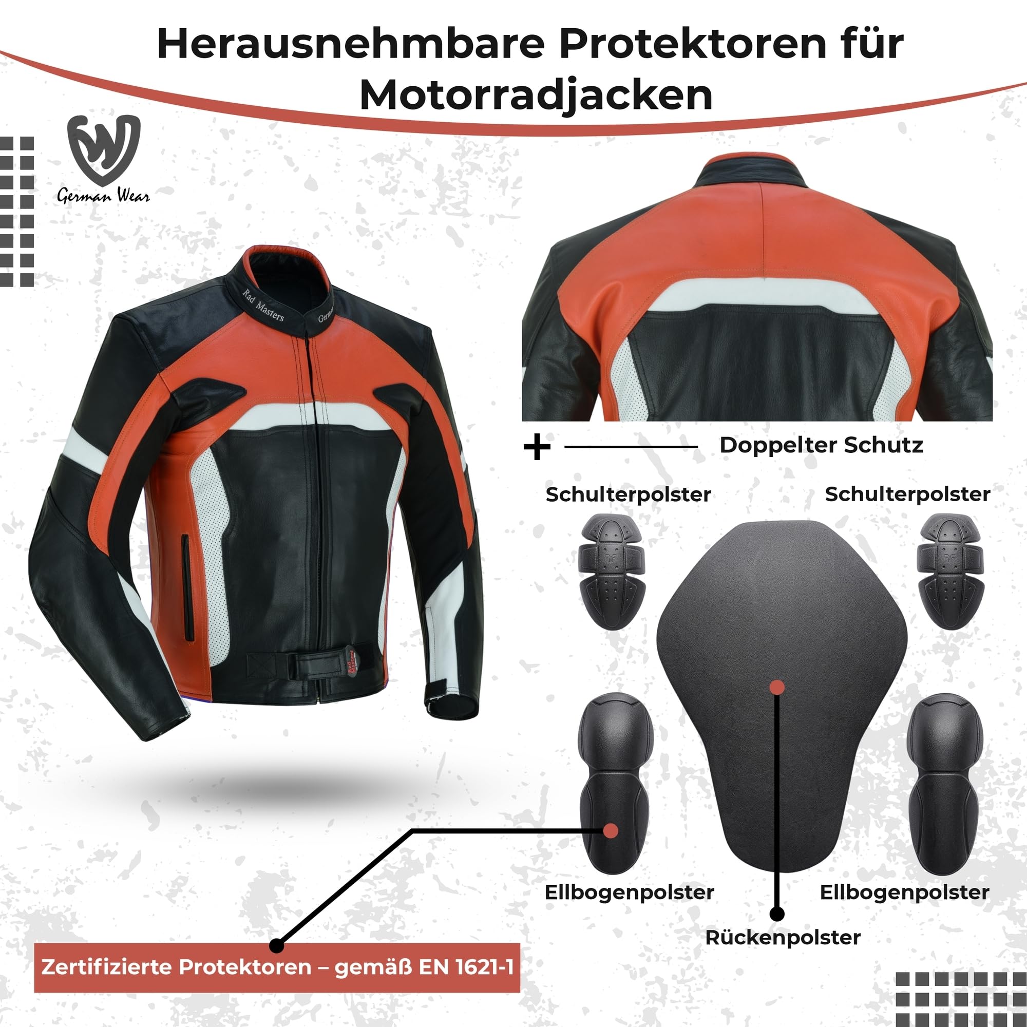 German Wear Herren Motorradjacke Lederjacke mit Protektoren, Frabe:Orange;Größe:S