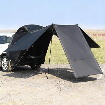 Universal Car Tailgate Tent 2-4 Person,Windproof Rainproof Sunshade Blackout Oxford Canopy Shelter Waterproof 2000+ Camping Awning for SUV Black