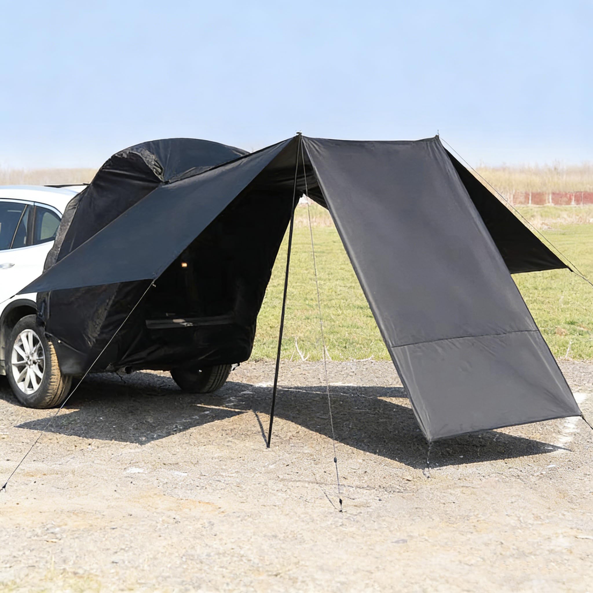 Universal Car Tailgate Tent 2-4 Person,Windproof Rainproof Sunshade Blackout Oxford Canopy Shelter Waterproof 2000+ Camping Awning for SUV (Black)