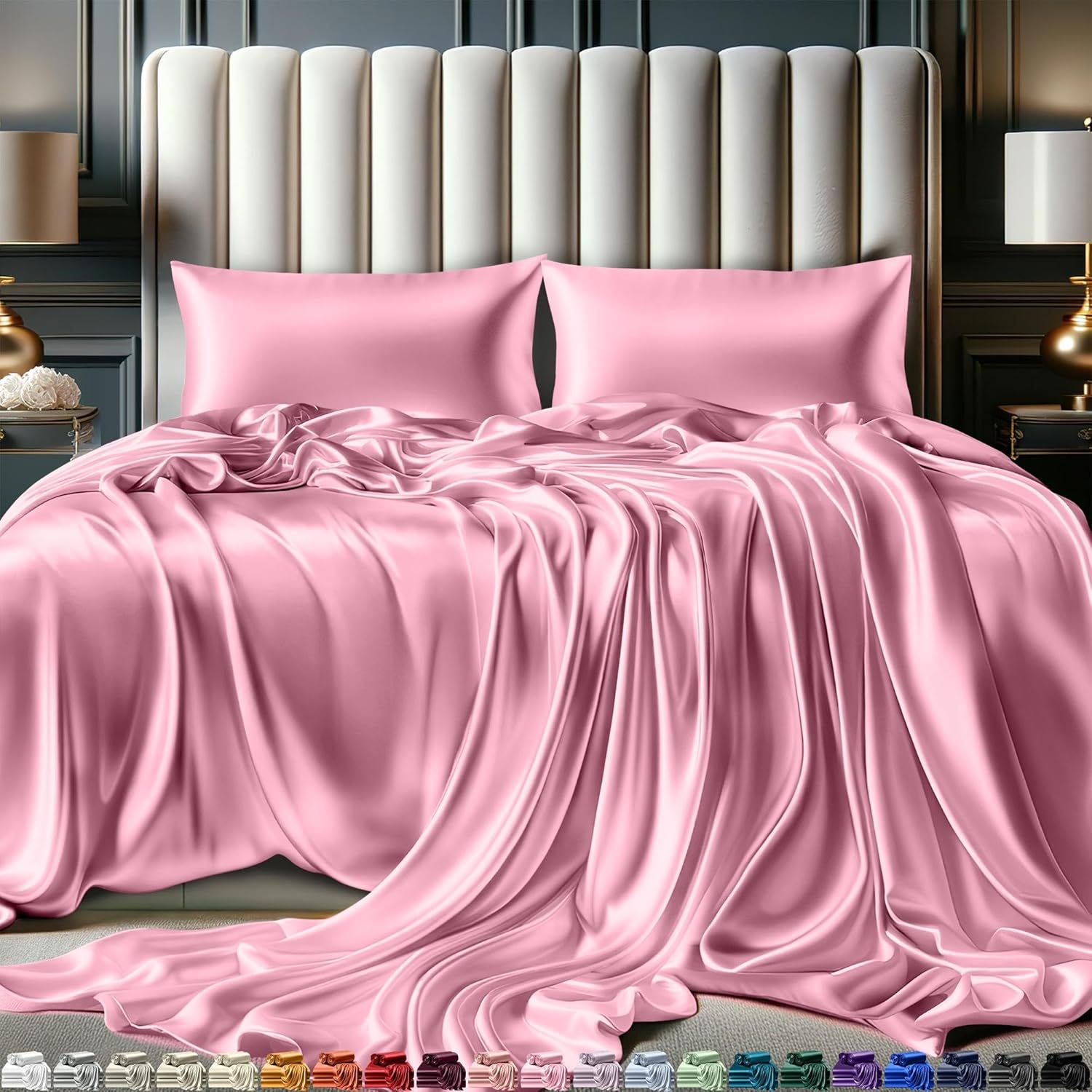 DECOLURE Satin Bed Sheets - 4 Piece Luxury Silky King Size Bedding Set - Softer Than Silk, Wrinkle-Free with 15 Deep Pocket Fitted Sheet, Perfect for Hair & Skin, Gifts for Women (Pink)