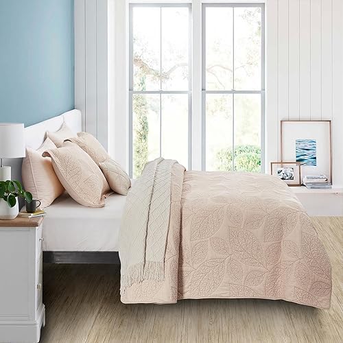 Miniatura 3 de CHIXIN Edredón botánico de algodón tamaño King, patrón de hojas con costuras reales, juego de colcha acolchada, ultra suave, ligero, reversible, 3