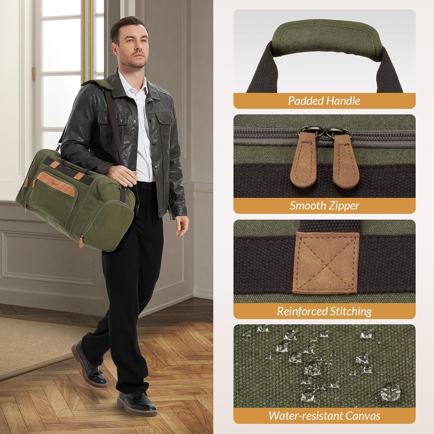 Canvas Duffle Bag for Travel 50L Expandable Travel Duffel Bags for Men Women Weekender Overnight Bag with Shoes Compartment - Army Green - Image 5