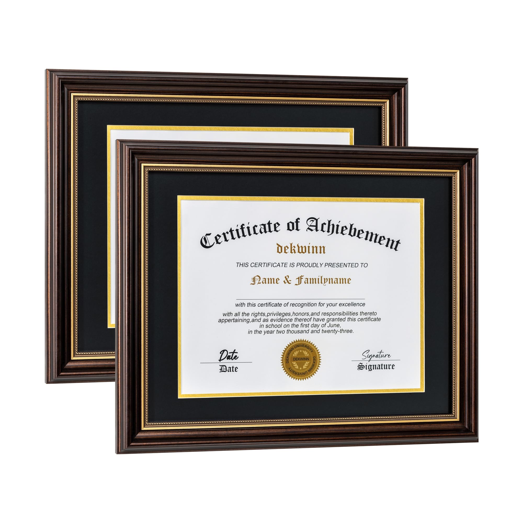 Diploma Frames 8.5x11 with Mat or 11x14 certificate without Mat,Set of 2 Reddish Brown/Gold Trim Document Picture Frame,Real Glass(Black/Gold Double Mat)