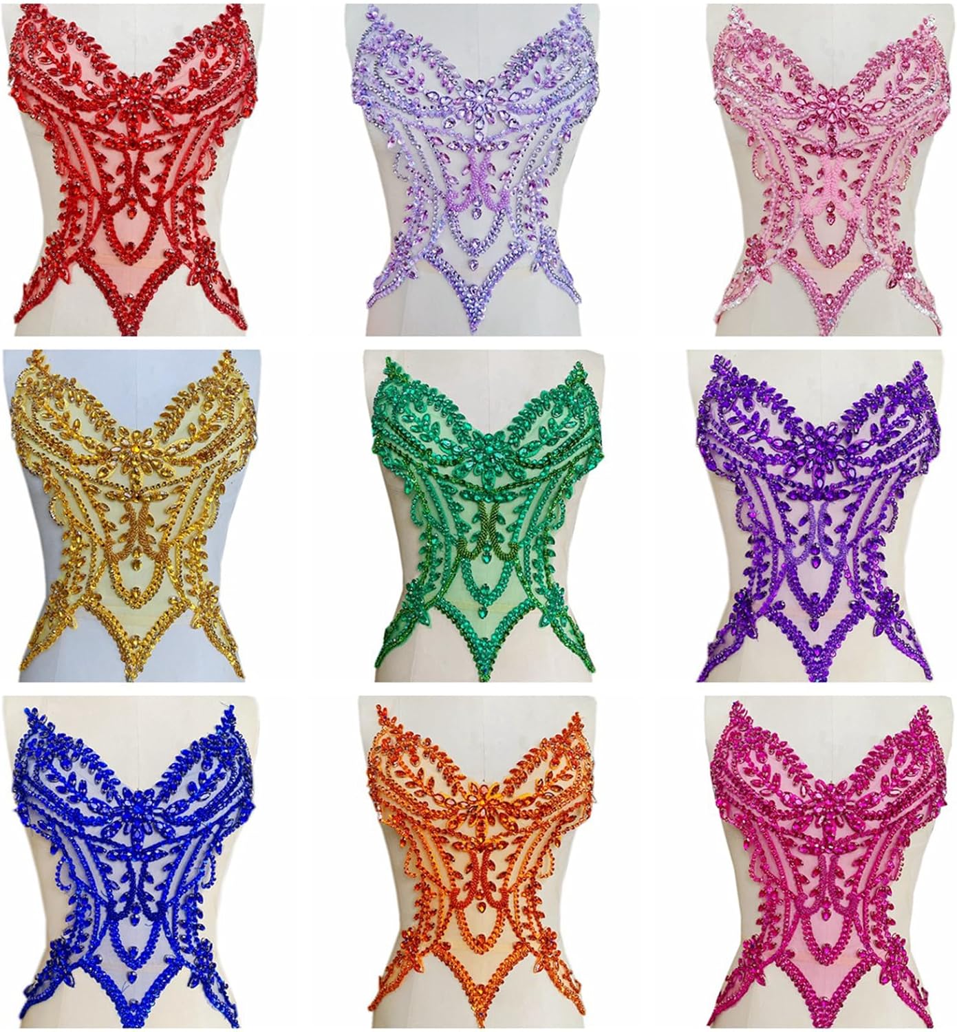 ハンドメイド ビーズ Vネック スパンコール 縫い ネックライン ラインストーン クリスタル トリム ブライダル アップリケ デザイン パッチ  ソーイング ウェディング ドレス DIY ベルト デコレーション (AB)