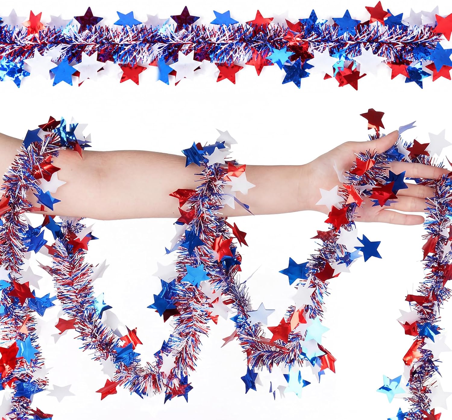 50 FT Patriotic Glitter Tinsel Garland Decorations,4th of July Garland Decor,Red White Blue Star Glitter Patriotic Tinsel for Car Bike Golf Tree Yard Door Table Party Holiday