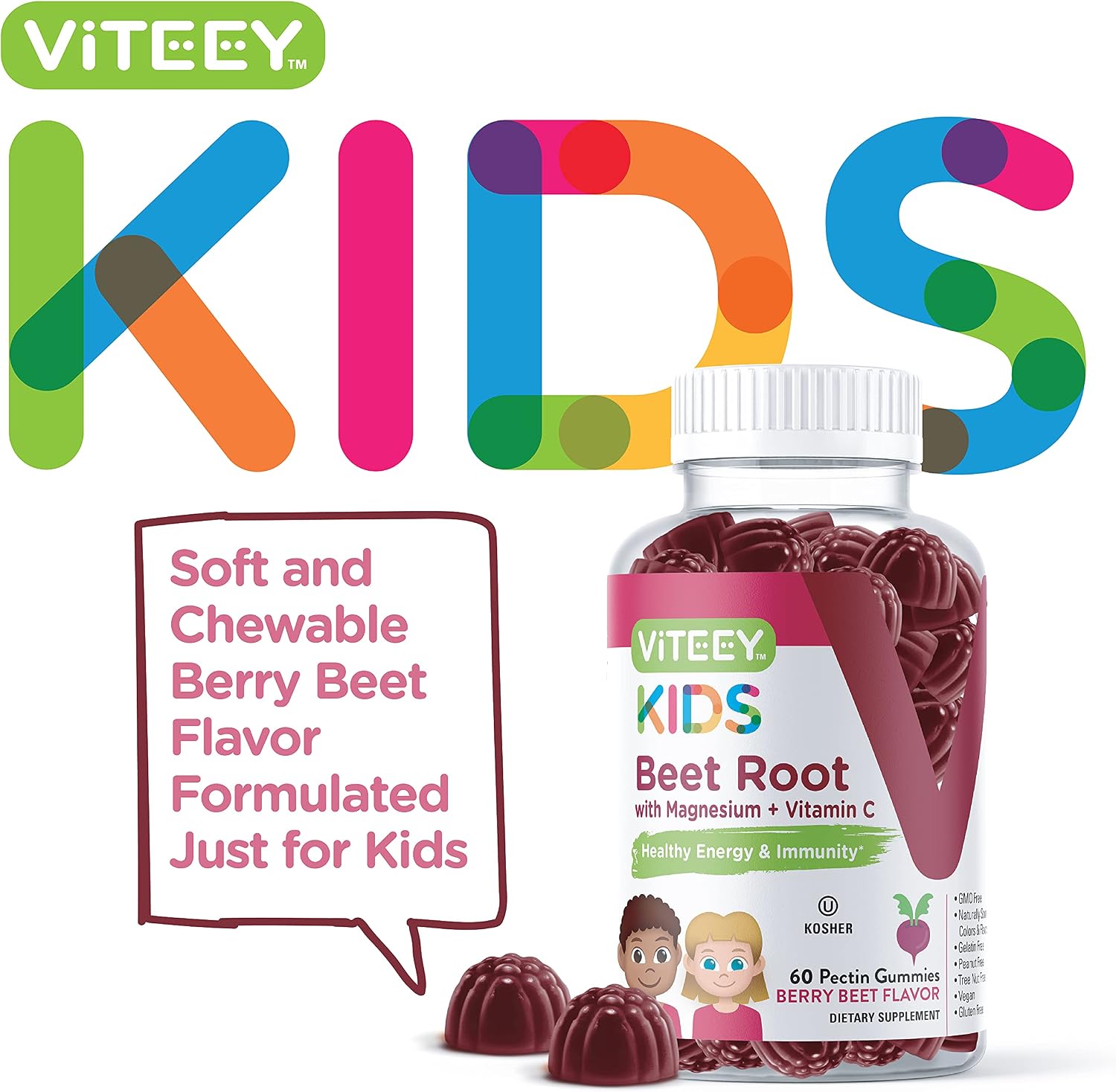 [60 Count] Beet Root Gummies with Magnesium & Vitamin C, Formulated for Kids - Supports Healthy Circulation & Blood Pressure & Energy Booster - Dietary Supplement & Immune Health -Berry Beet Flavor