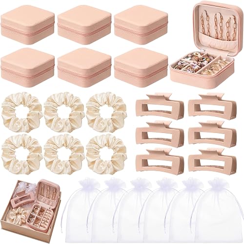 24 Pcs Spa Party Favors Sleepover Party Supplies Include Jewelry Boxes Case Hair Clips Satin Scrunchies Organza Bags for Women Bridesmaid Gifts Bridal Shower Ladies Weekend Theme Parties(Beige)