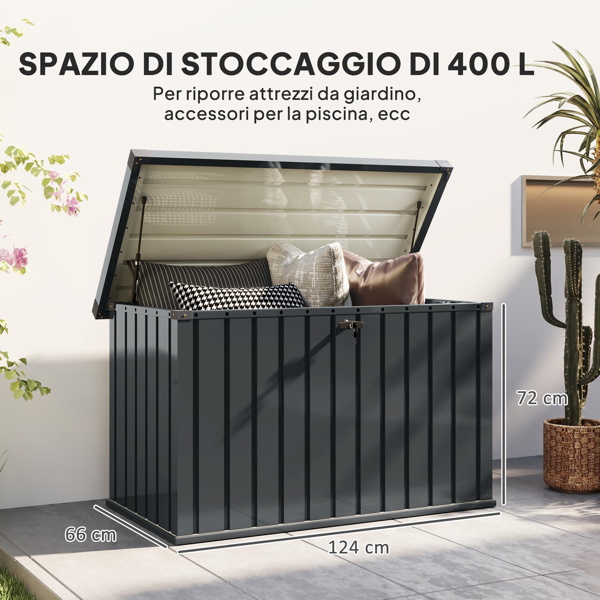 Outsunny Baule da Esterno da 400L con Coperchio a Doppia Leva, Serratura e 2 Chiavi, Cassapanca Contenitore da Esterno Impermeabile in Acciaio Zincato, 124x66x72 cm, Grigio Scuro