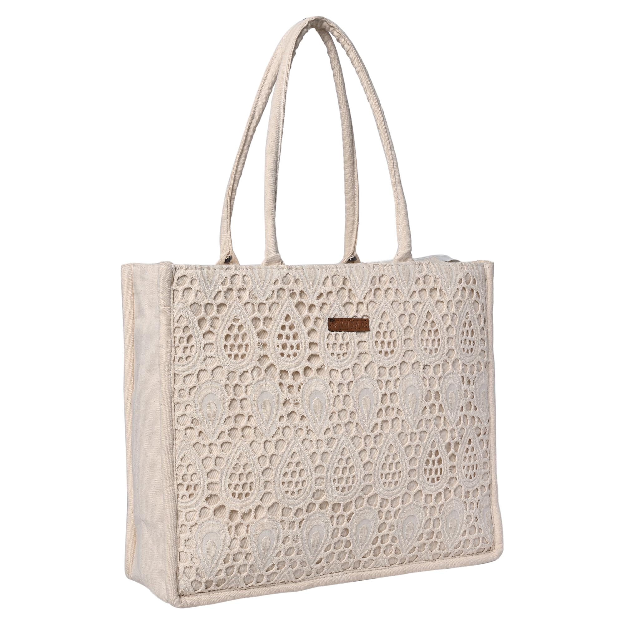 ensac Premium Cotton Tote Bag for Women, Stylish Handbag for women with Zip Closure | Fit for Office Bag, College, Travel Use | Handcrafted in India (Cutwork-tote-big) (Beige)-picture-16