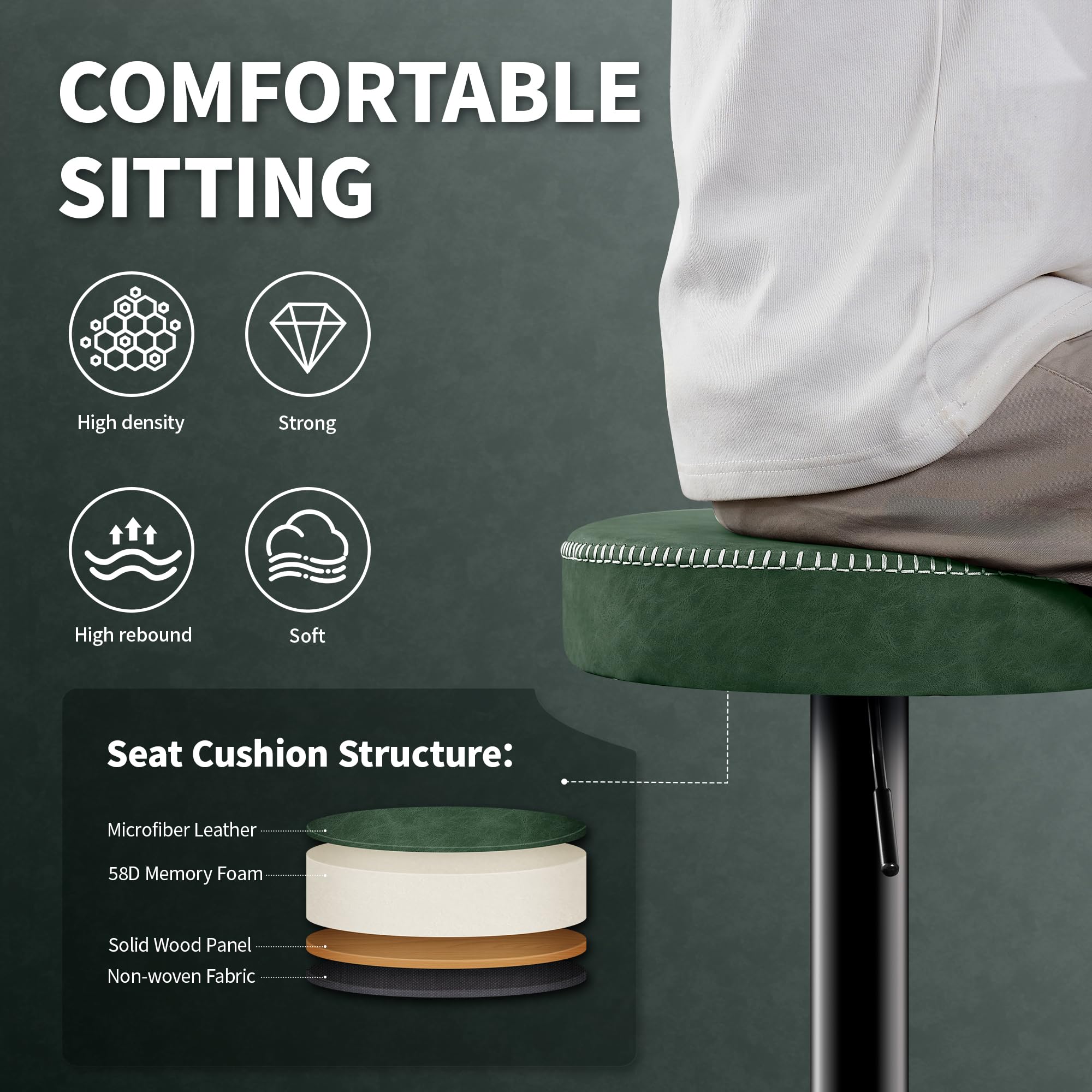 STOOLINK Set di 2 Sgabello da Cucina, Sgabelli da Bar Regolabile in Altezza Sgabelli Cucina Cuoio in Microfibra, Sgabelli Alto con Poggiapiedi, Sgabelli Bar Girevole a 360°-Verde