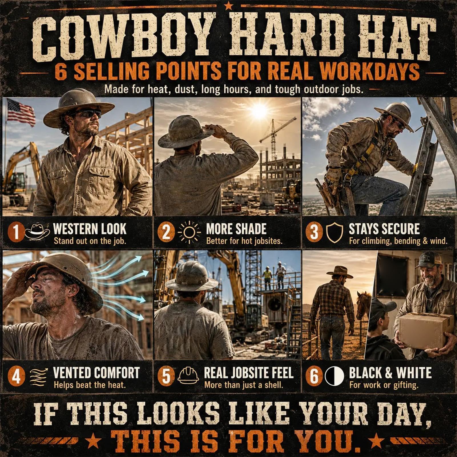 Cowboy Hard Hat regulowany kask roboczy z ochroną przeciwsłoneczną