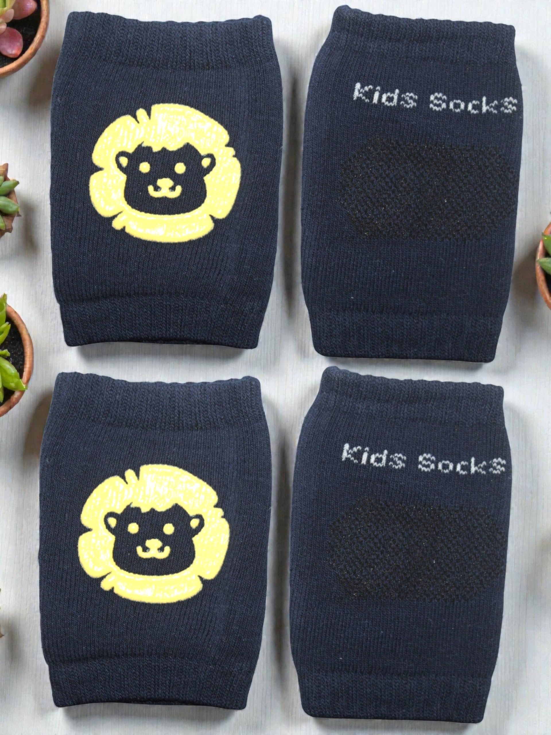 NEOSPACE Kids Socks Baby Knee Pads, Navy Blue Cotton Protective Gear with Lion Design, Anti-Slip Crawling Protectors for Toddlers, 0-36 Months, 2 Pairs 1